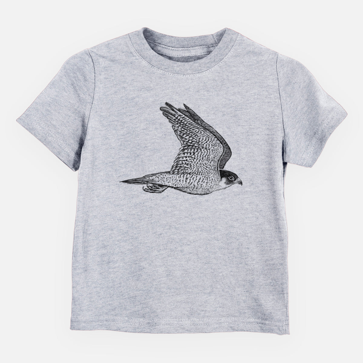 Heather grey toddler t-shirt laid flat, printed with a detailed black ink illustration of a peregrine falcon in flight.