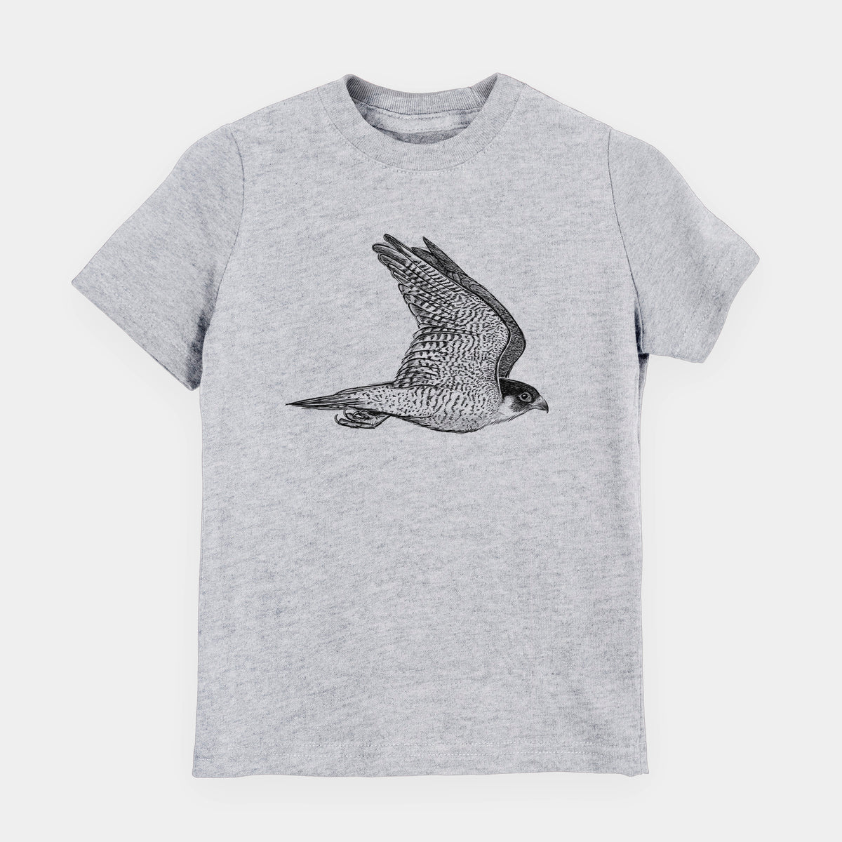 Heather grey youth t-shirt laid flat, printed with a detailed black ink illustration of a peregrine falcon in flight.
