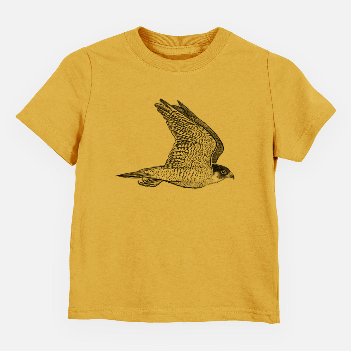 Honeycomb yellow toddler t-shirt laid flat, printed with a detailed black ink illustration of a peregrine falcon in flight.