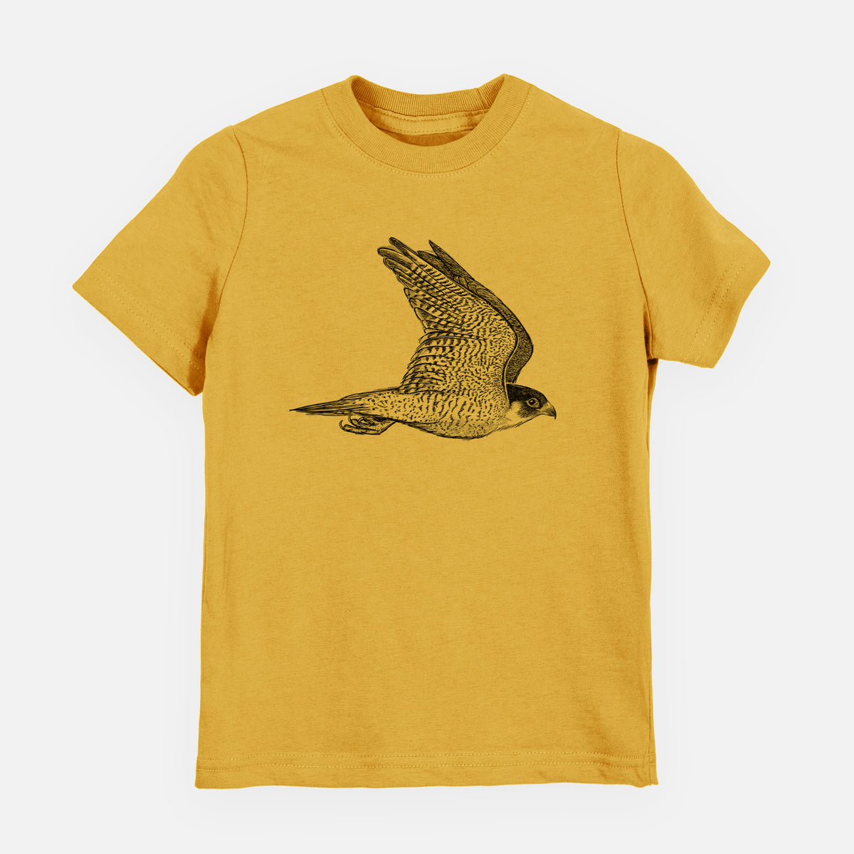 Honeycomb yellow youth t-shirt laid flat, printed with a detailed black ink illustration of a peregrine falcon in flight.