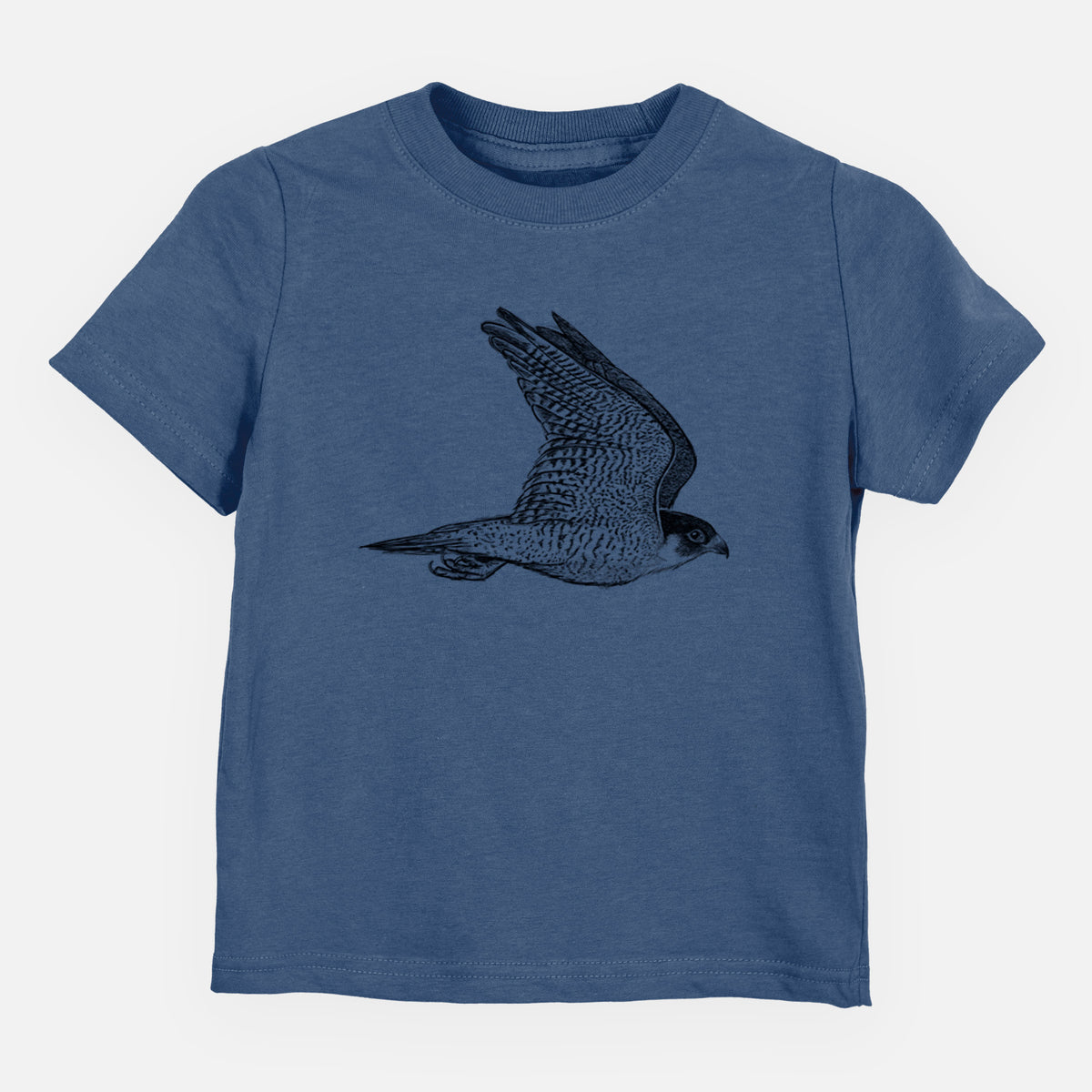 Indigo blue toddler t-shirt laid flat, printed with a detailed black ink illustration of a peregrine falcon in flight.