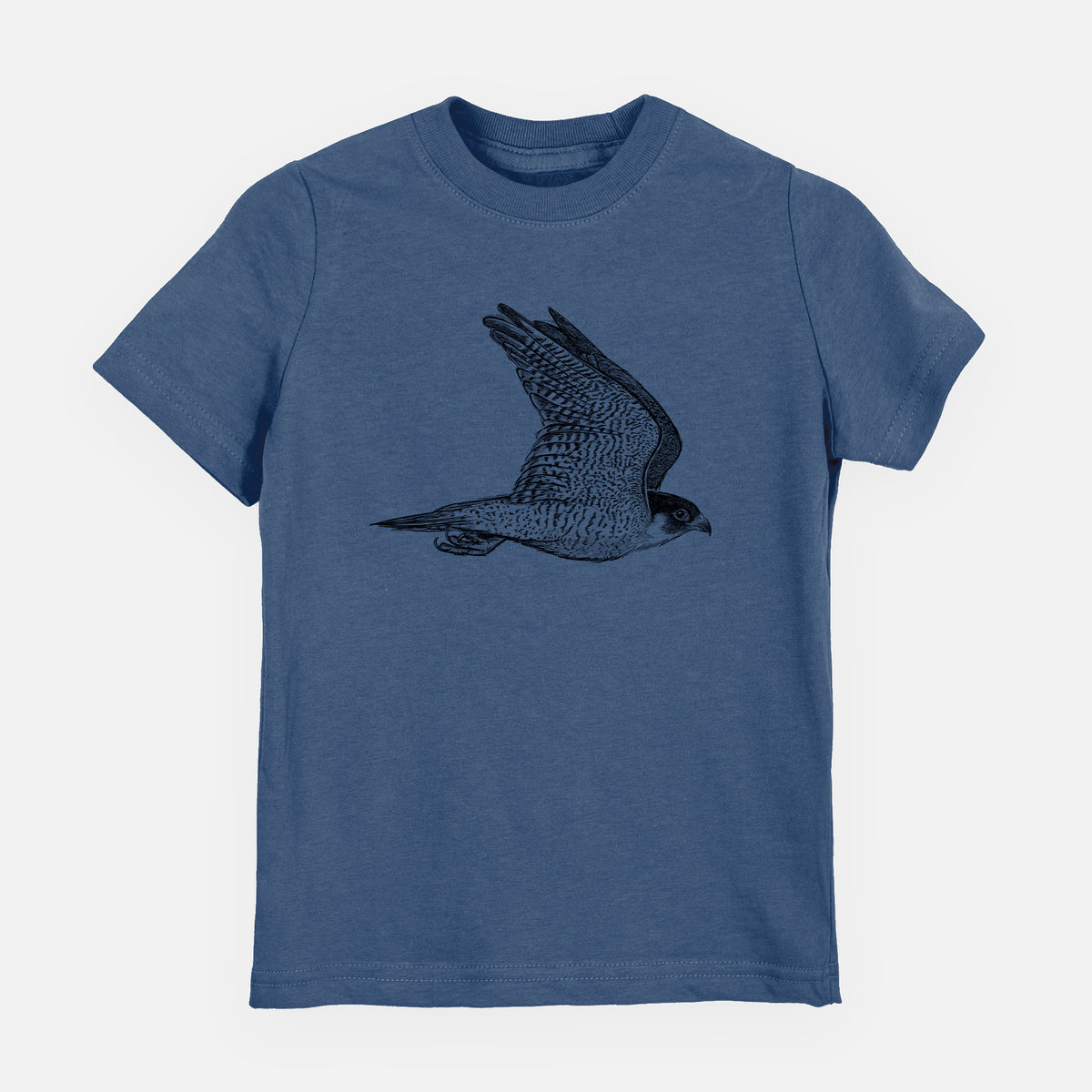Indigo blue youth t-shirt laid flat, printed with a detailed black ink illustration of a peregrine falcon in flight.