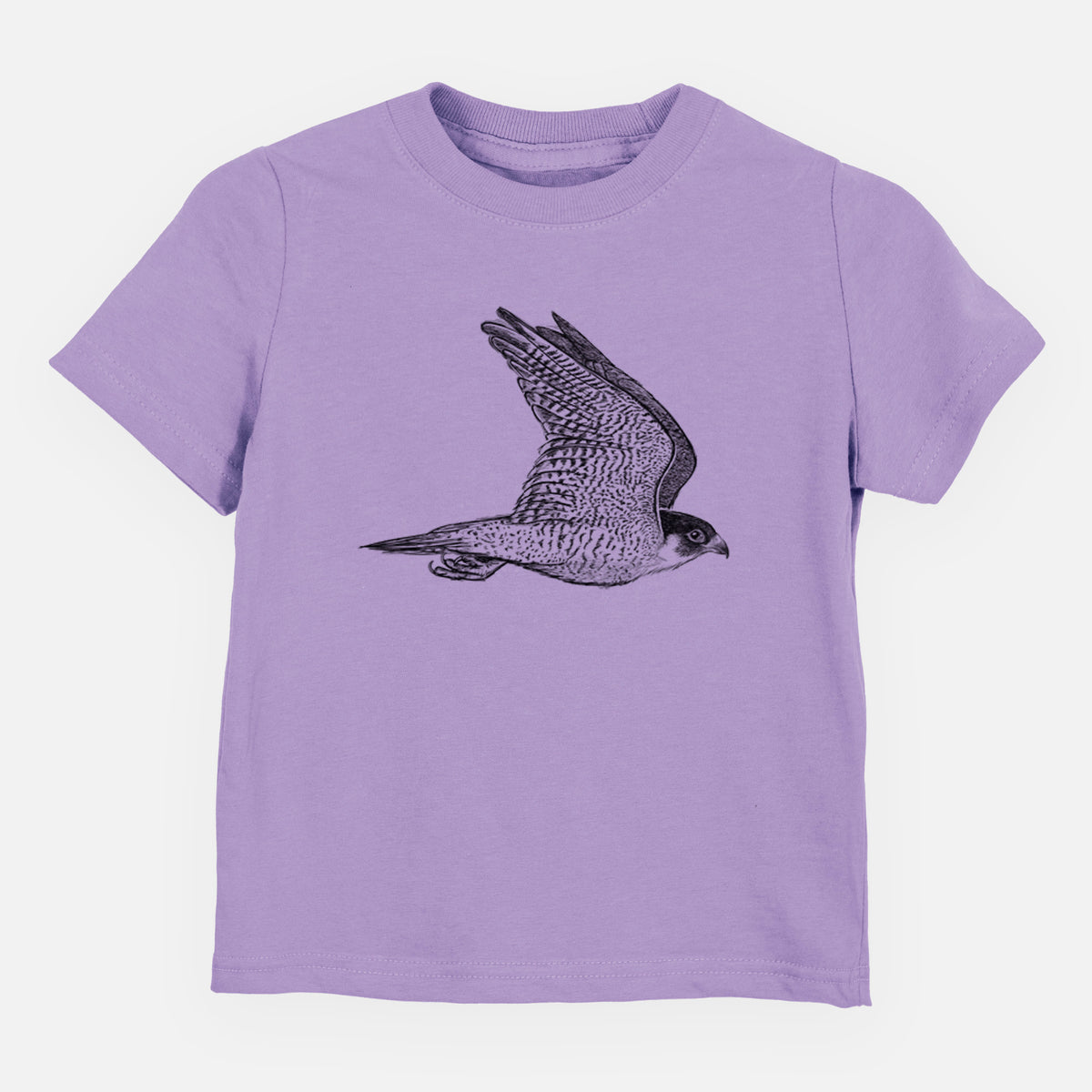 Lavender toddler t-shirt laid flat, printed with a detailed black ink illustration of a peregrine falcon in flight.