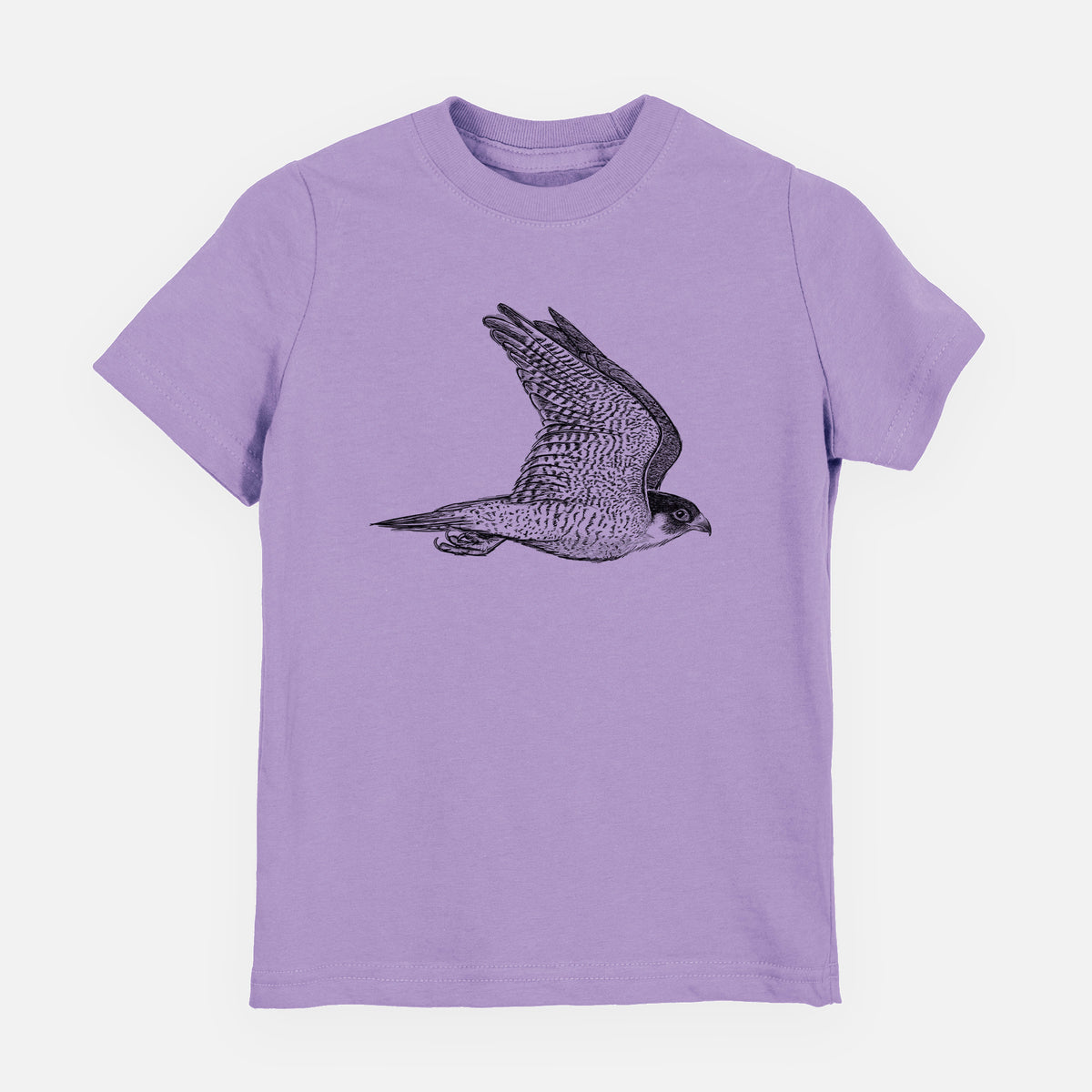 Lavender youth t-shirt laid flat, printed with a detailed black ink illustration of a peregrine falcon in flight.