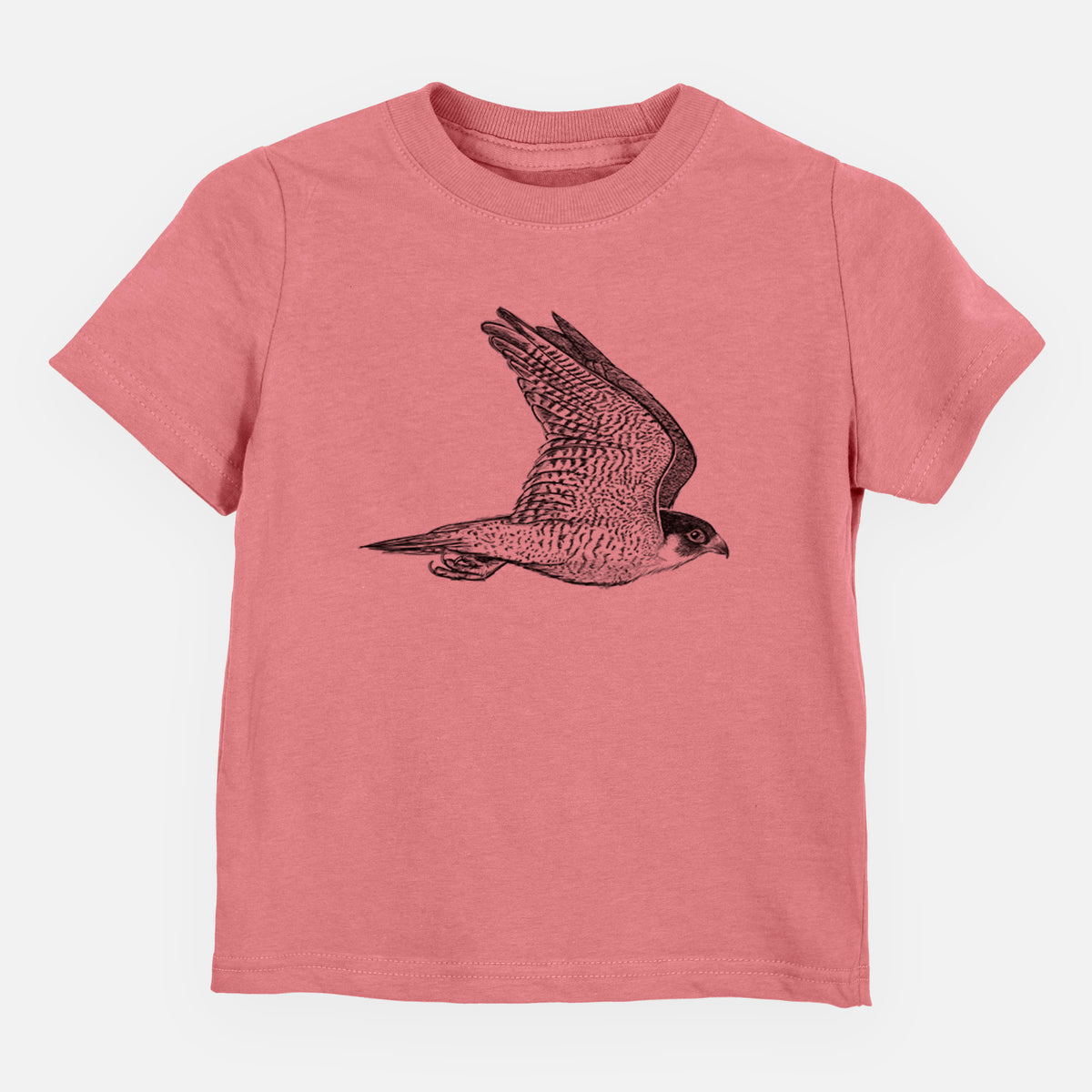 Mauve pink toddler t-shirt laid flat, printed with a detailed black ink illustration of a peregrine falcon in flight.