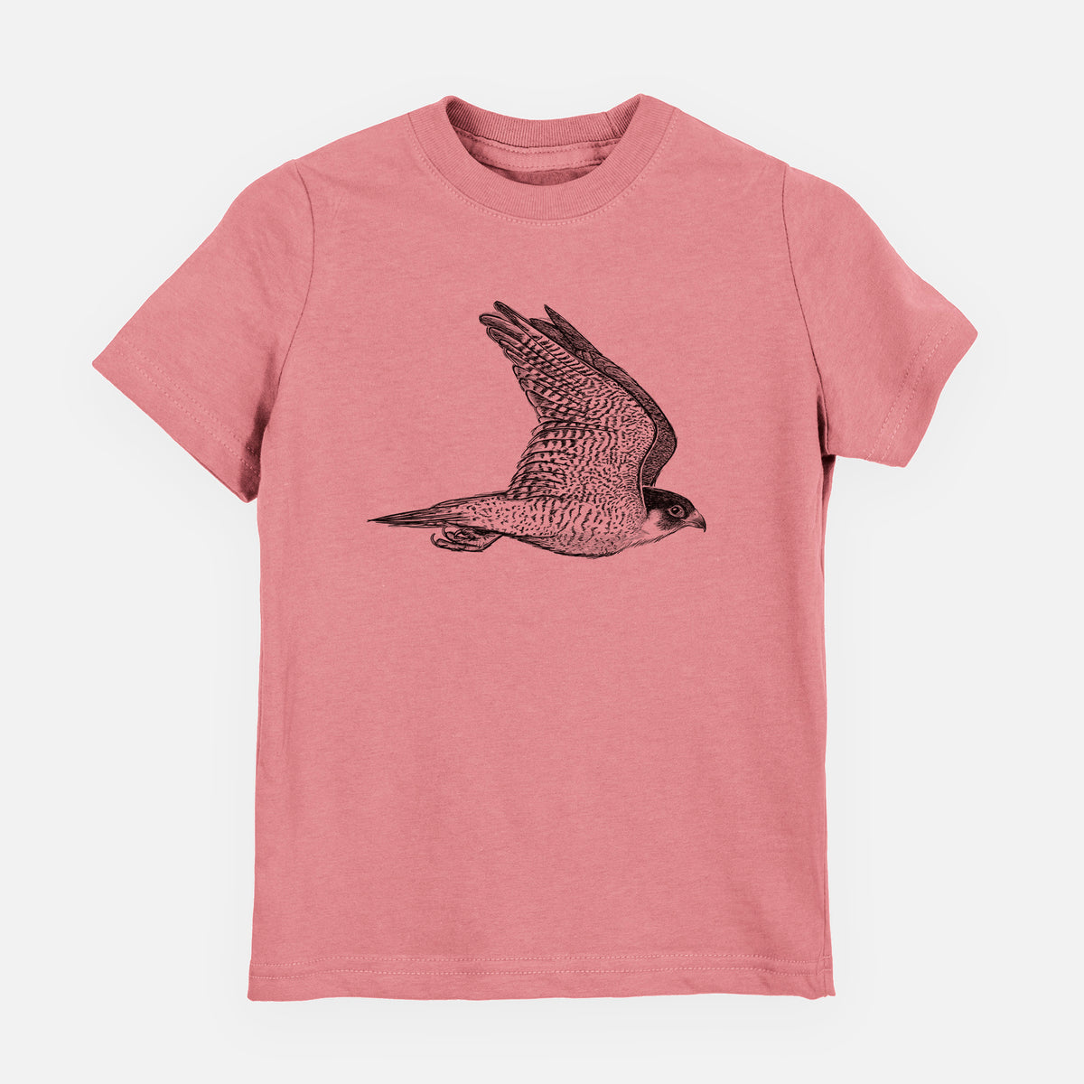 Mauve pink youth t-shirt laid flat, printed with a detailed black ink illustration of a peregrine falcon in flight.