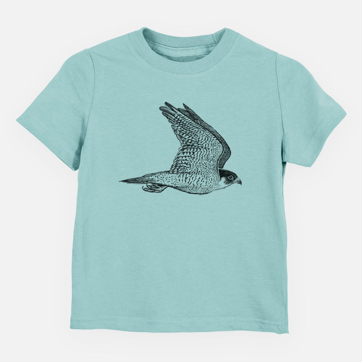 Saltwater toddler t-shirt laid flat, printed with a detailed black ink illustration of a peregrine falcon in flight.
