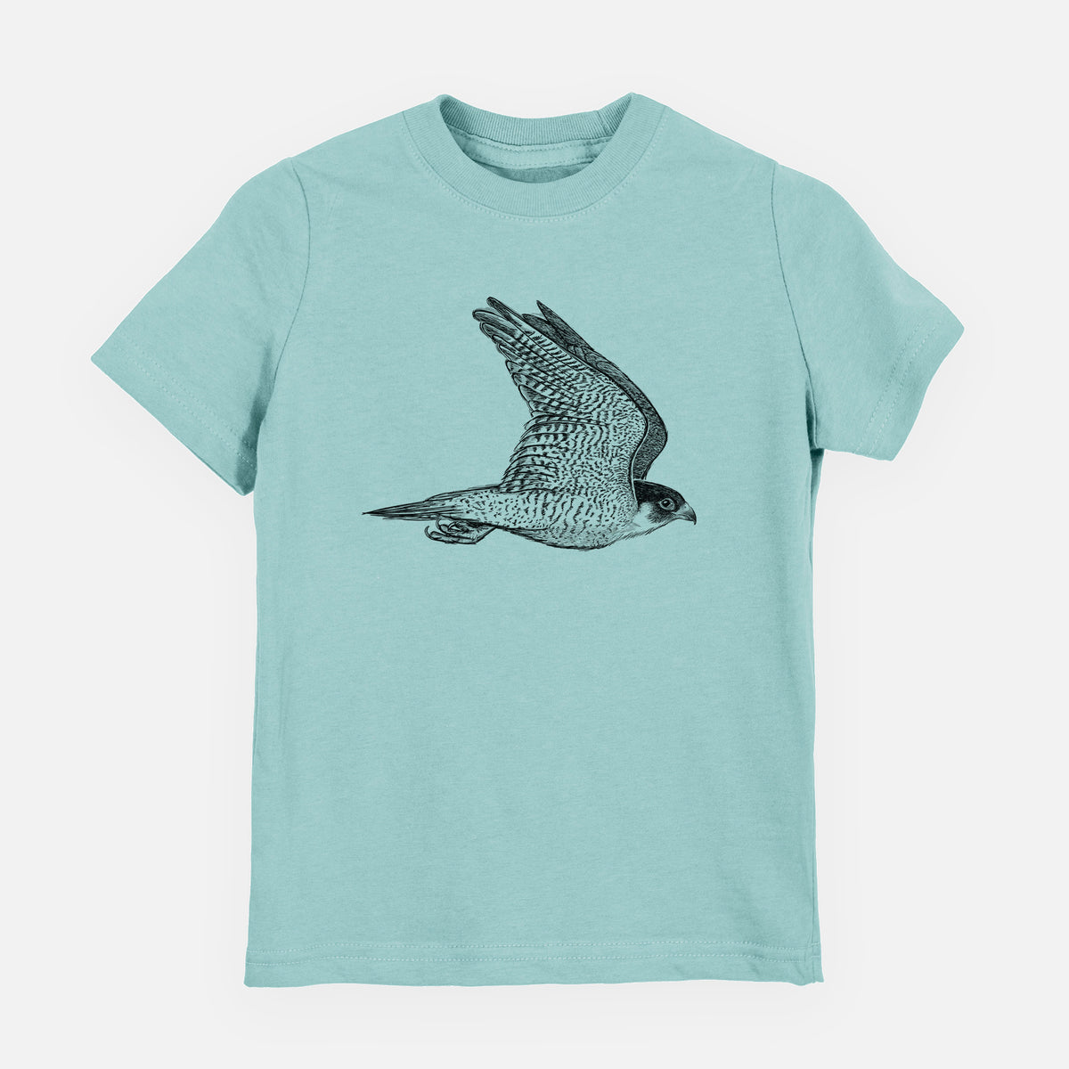 Saltwater youth t-shirt laid flat, printed with a detailed black ink illustration of a peregrine falcon in flight.