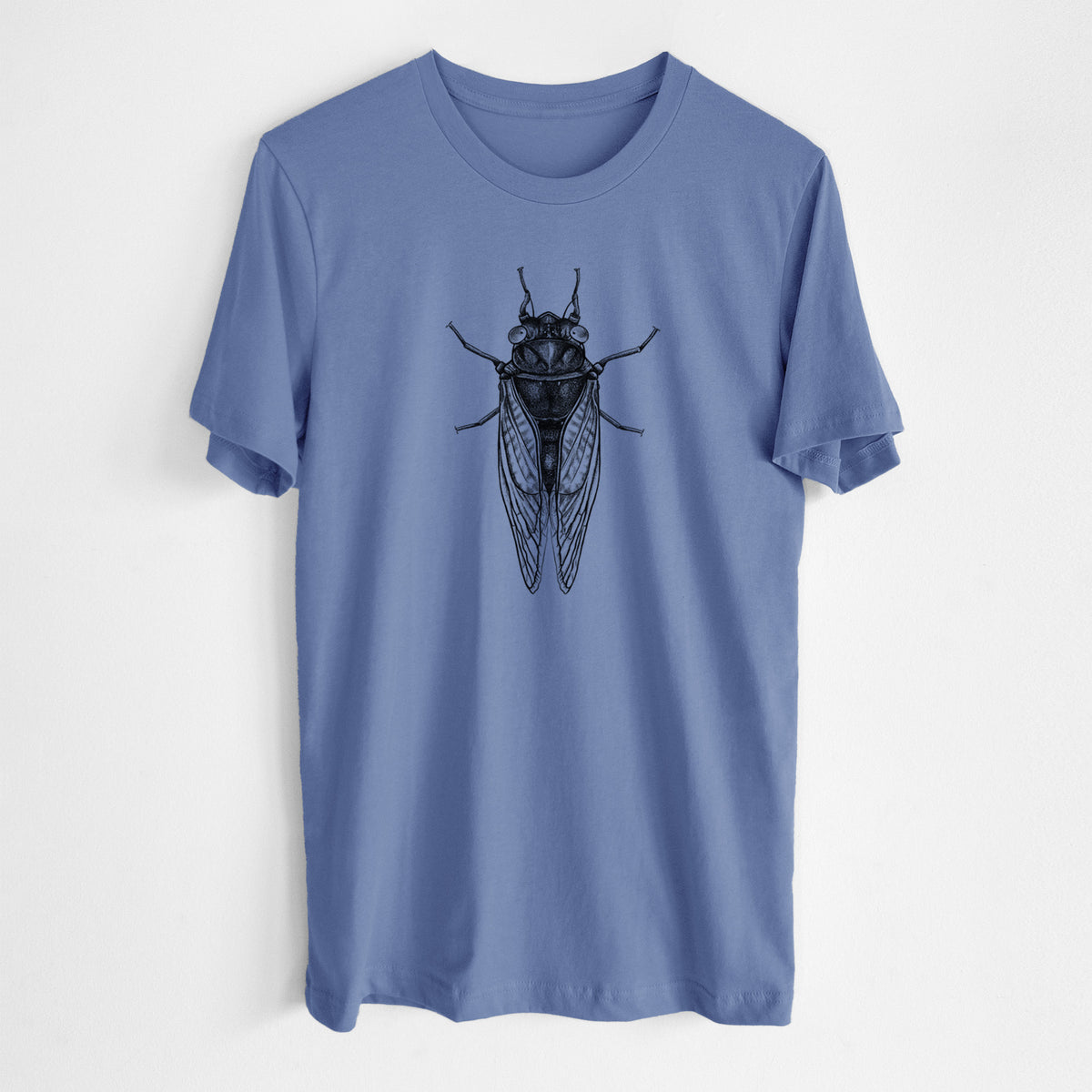 Blue bell lightweight cotton t-shirt laid flat, printed with a detailed black ink illustration of a periodical cicada with its wings folded, seen from above.