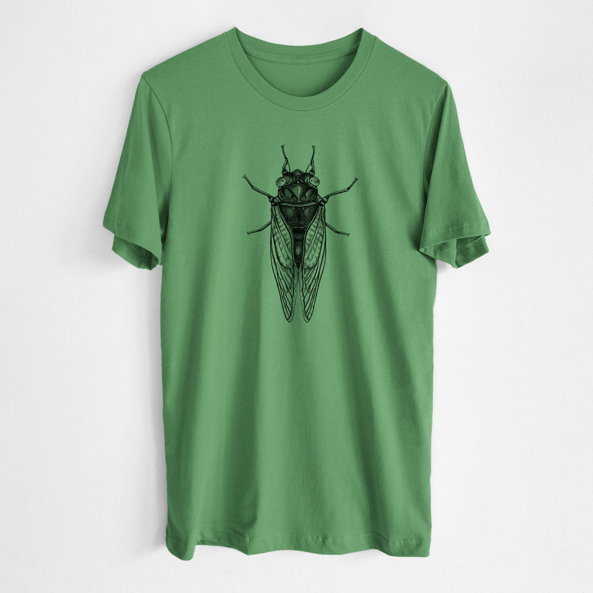 Leaf green lightweight cotton t-shirt laid flat, printed with a detailed black ink illustration of a periodical cicada with its wings folded, seen from above.