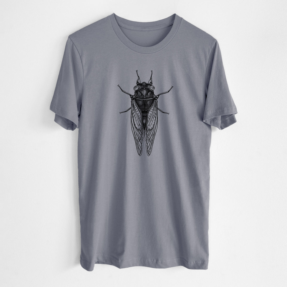 Storm grey lightweight cotton t-shirt laid flat, printed with a detailed black ink illustration of a periodical cicada with its wings folded, seen from above.