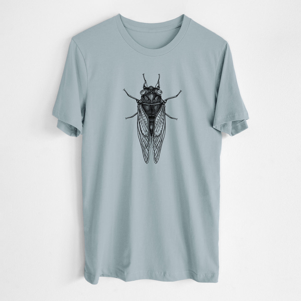 Vintage denim lightweight cotton t-shirt laid flat, printed with a detailed black ink illustration of a periodical cicada with its wings folded, seen from above.