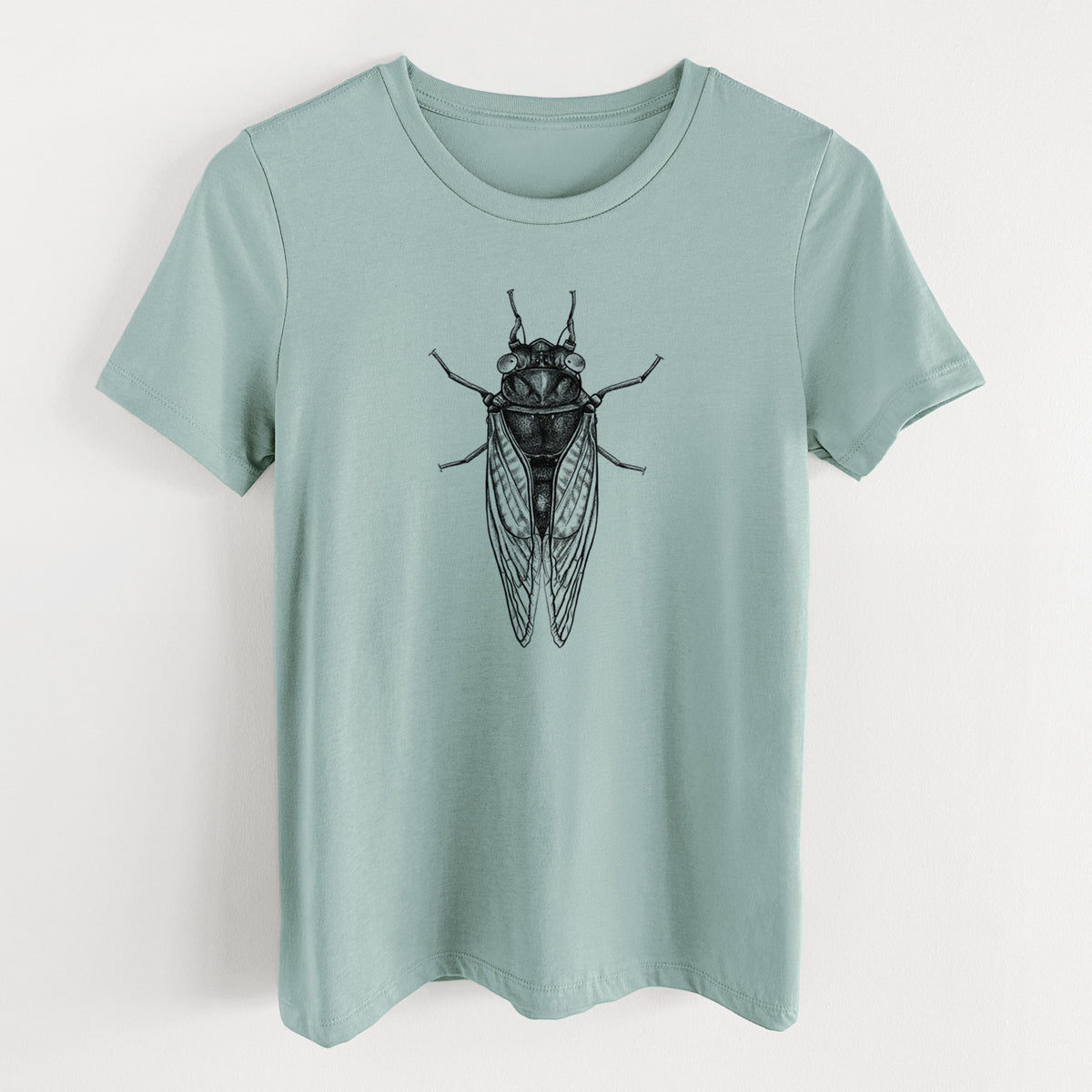 Dusty blue women's relaxed fit cotton t-shirt laid flat, printed with a detailed black ink illustration of a periodical cicada with its wings folded, seen from above.