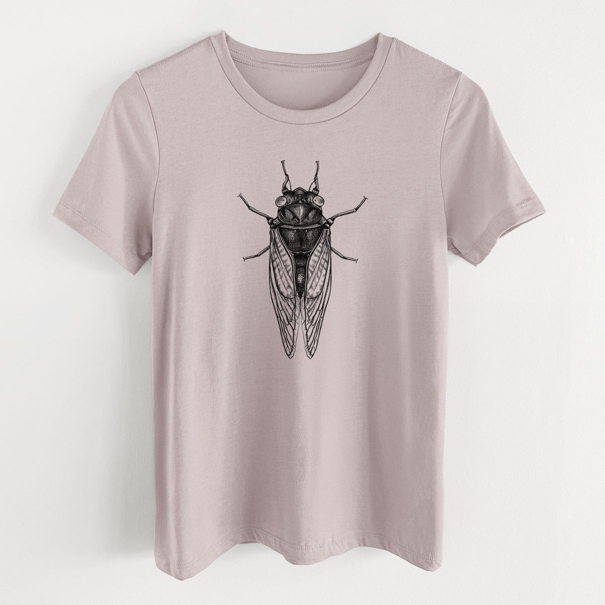 Pink gravel women's relaxed fit cotton t-shirt laid flat, printed with a detailed black ink illustration of a periodical cicada with its wings folded, seen from above.