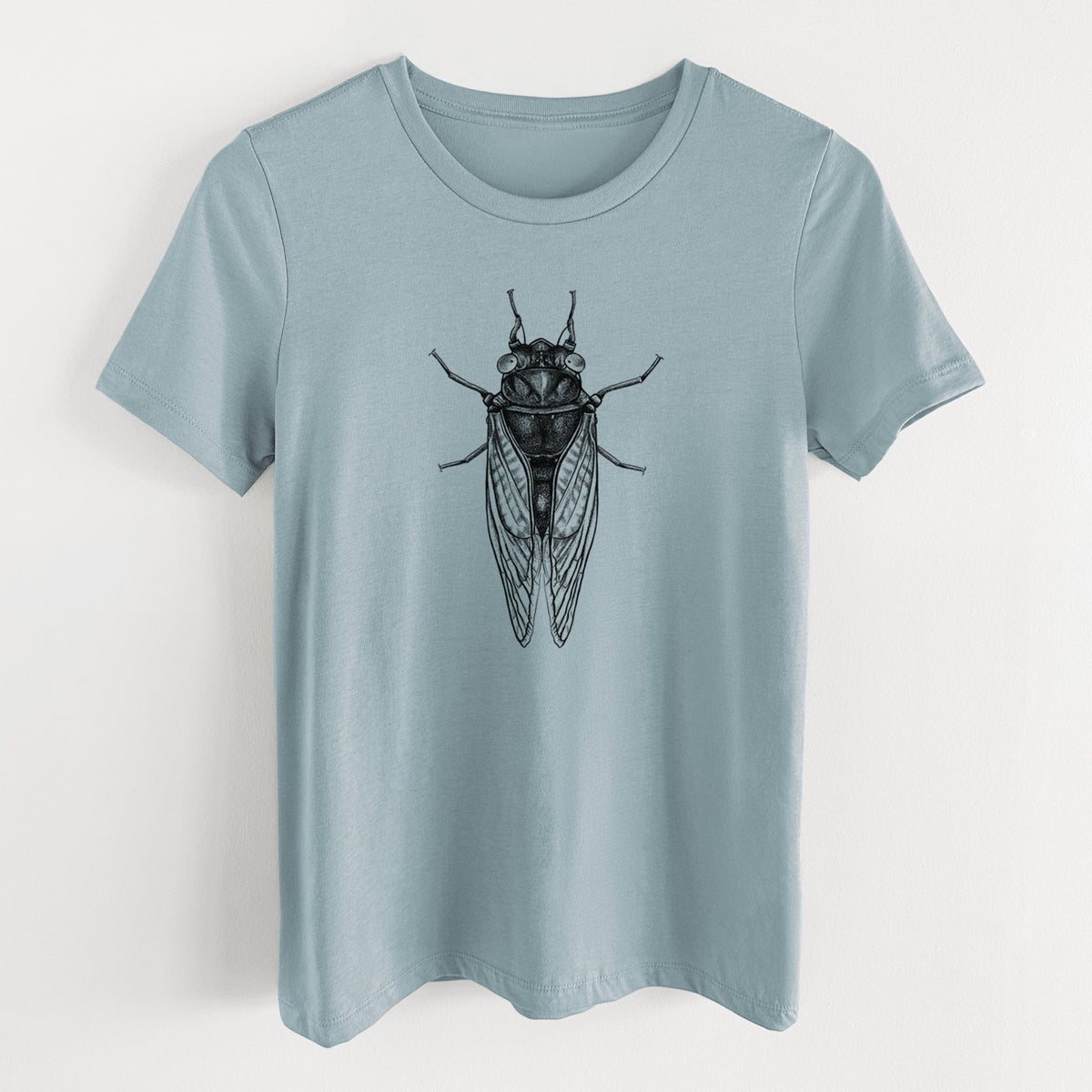 Vintage denim women's relaxed fit cotton t-shirt laid flat, printed with a detailed black ink illustration of a periodical cicada with its wings folded, seen from above.