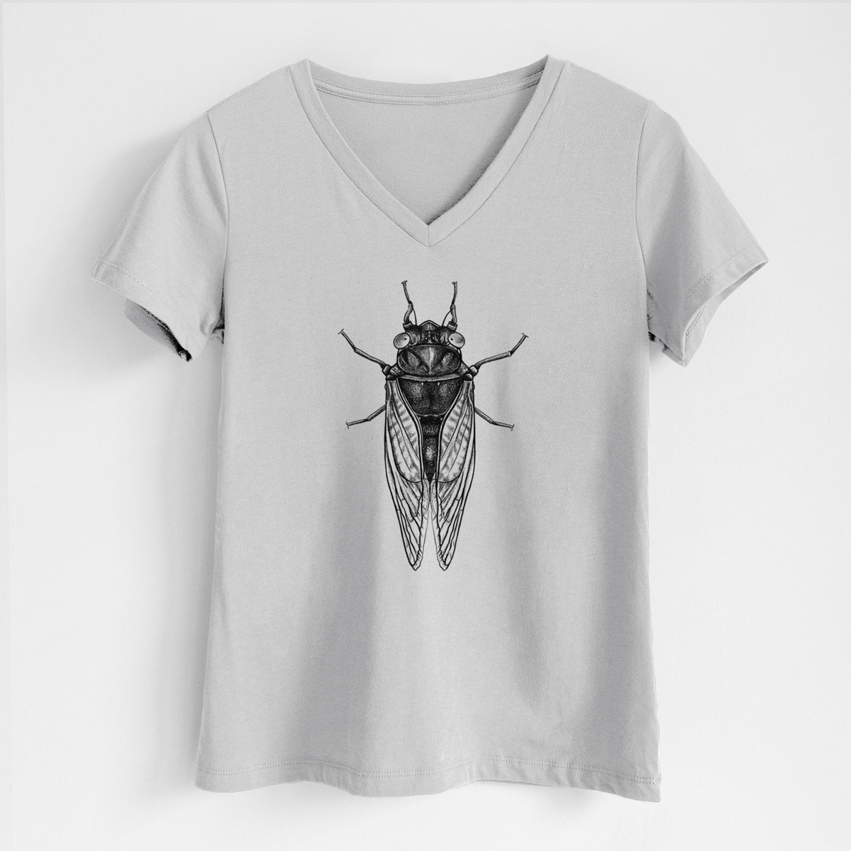 Lunar grey women's relaxed fit cotton V-neck t-shirt laid flat, printed with a detailed black ink illustration of a periodical cicada with its wings folded, seen from above.