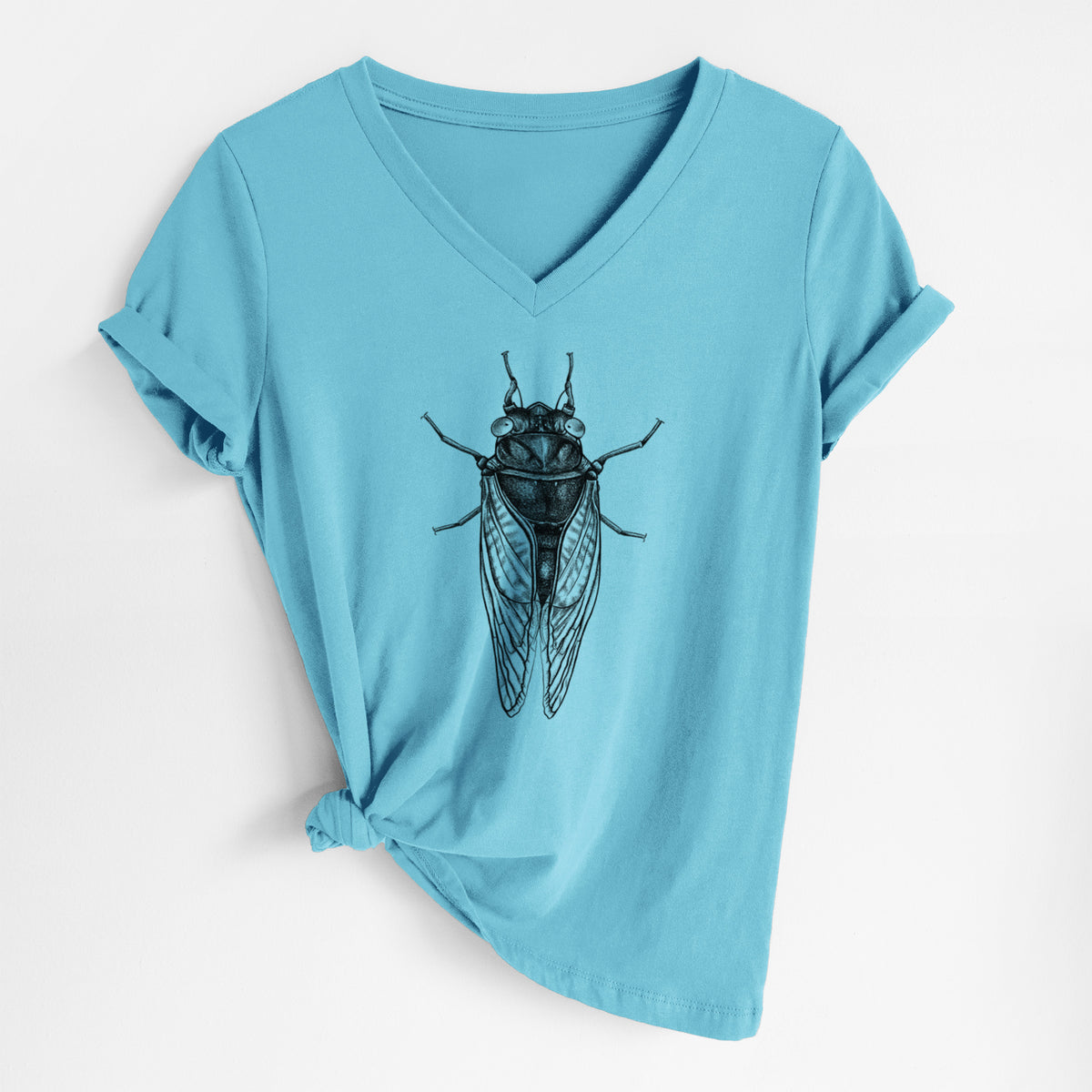 Turquoise women's relaxed fit cotton V-neck t-shirt laid flat, printed with a detailed black ink illustration of a periodical cicada with its wings folded, seen from above.