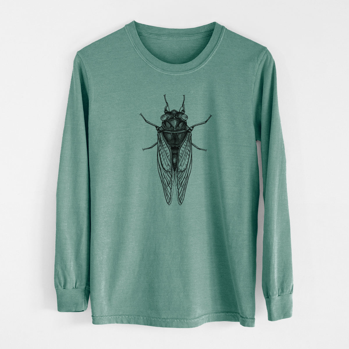 Pine green Comfort Colors long sleeve shirt laid flat, printed with a detailed black ink illustration of a periodical cicada with its wings folded, seen from above.