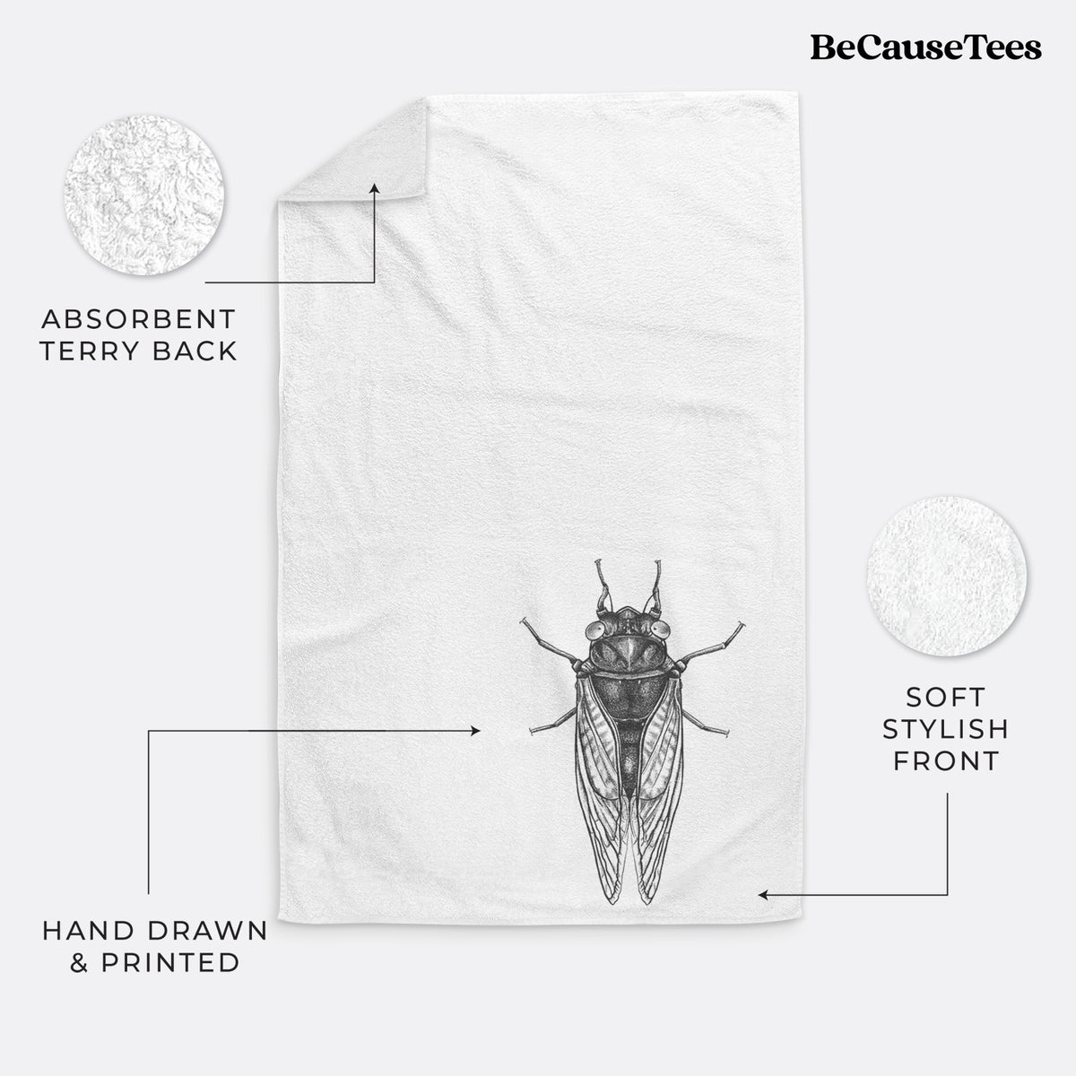 White hand towel printed with a detailed black ink illustration of a periodical cicada with its wings folded, seen from above.