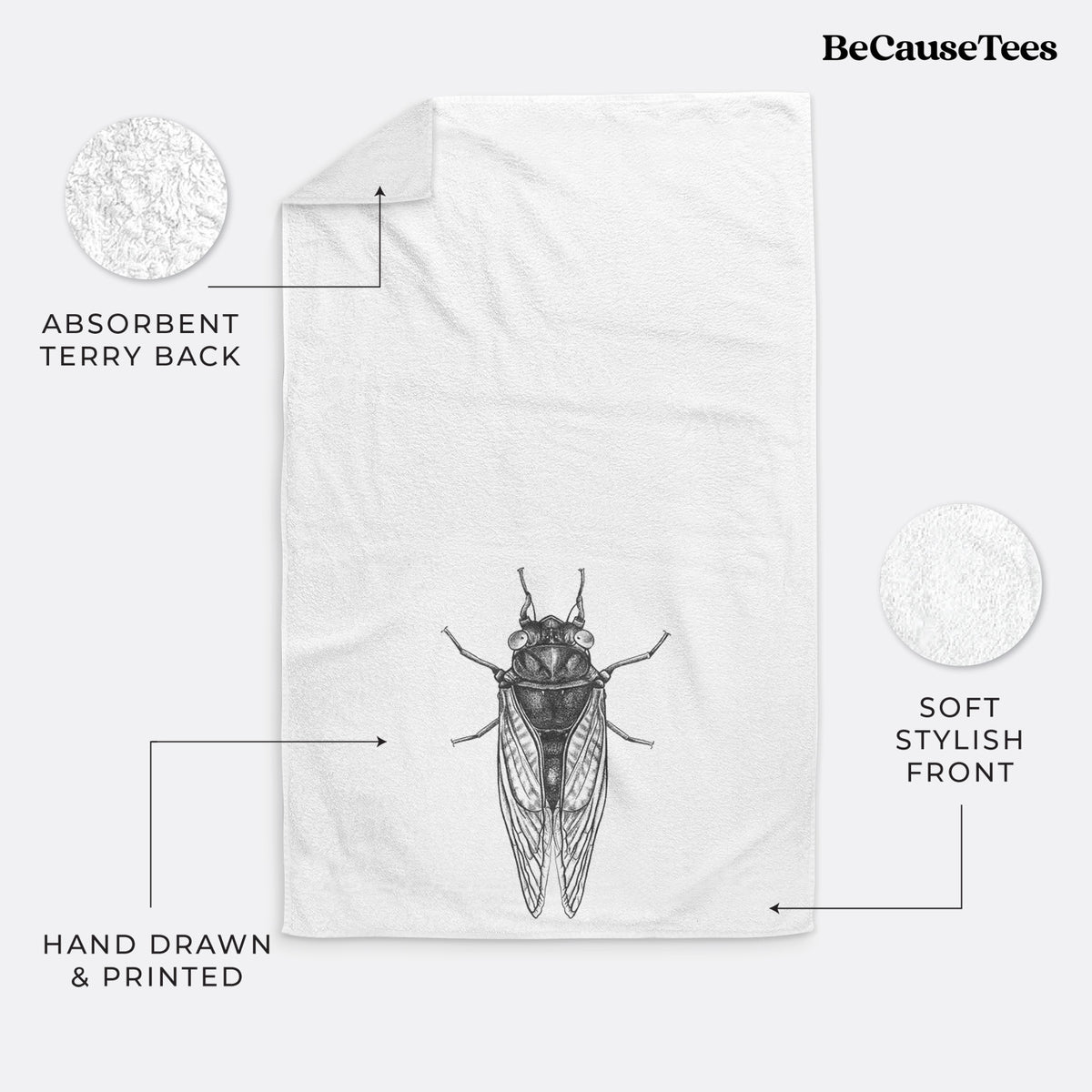 White hand towel printed with a detailed black ink illustration of a periodical cicada with its wings folded, seen from above.