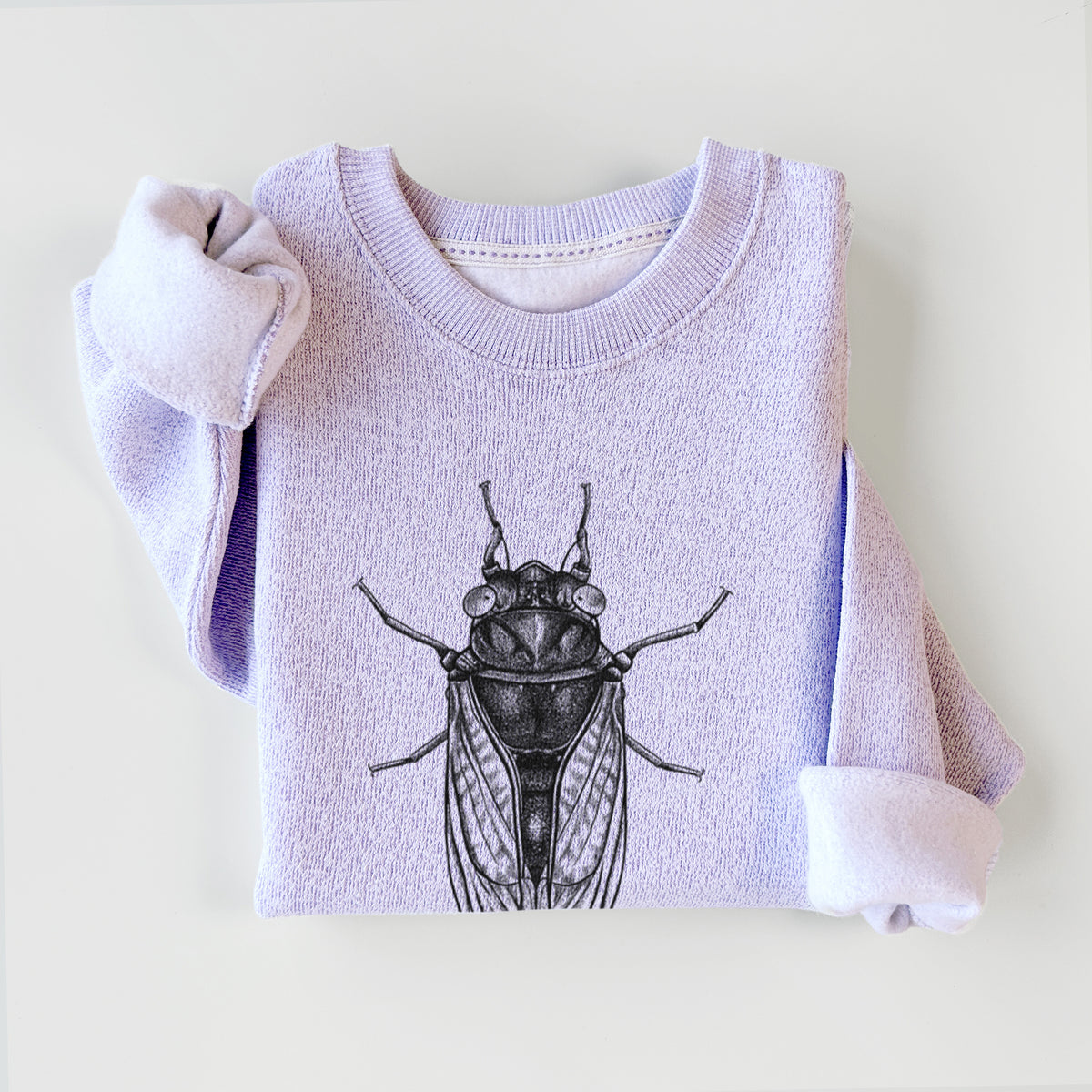 Ice purple knit sweatshirt printed with a detailed black ink illustration of a periodical cicada with its wings folded, seen from above, styled flat.