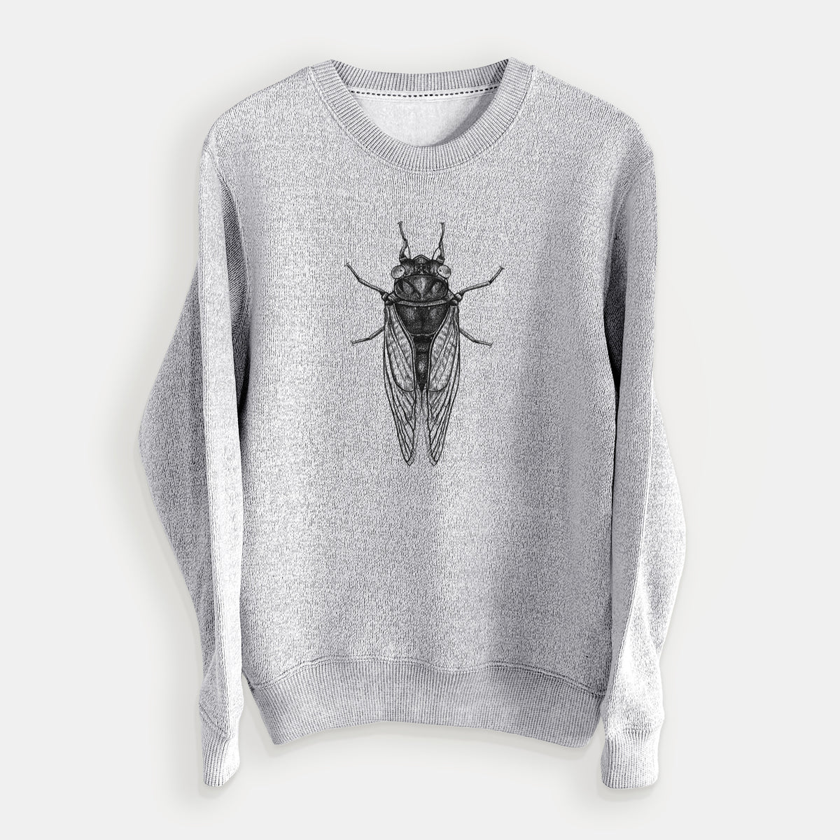 Salt and pepper knit sweatshirt laid flat, printed with a detailed black ink illustration of a periodical cicada with its wings folded, seen from above.