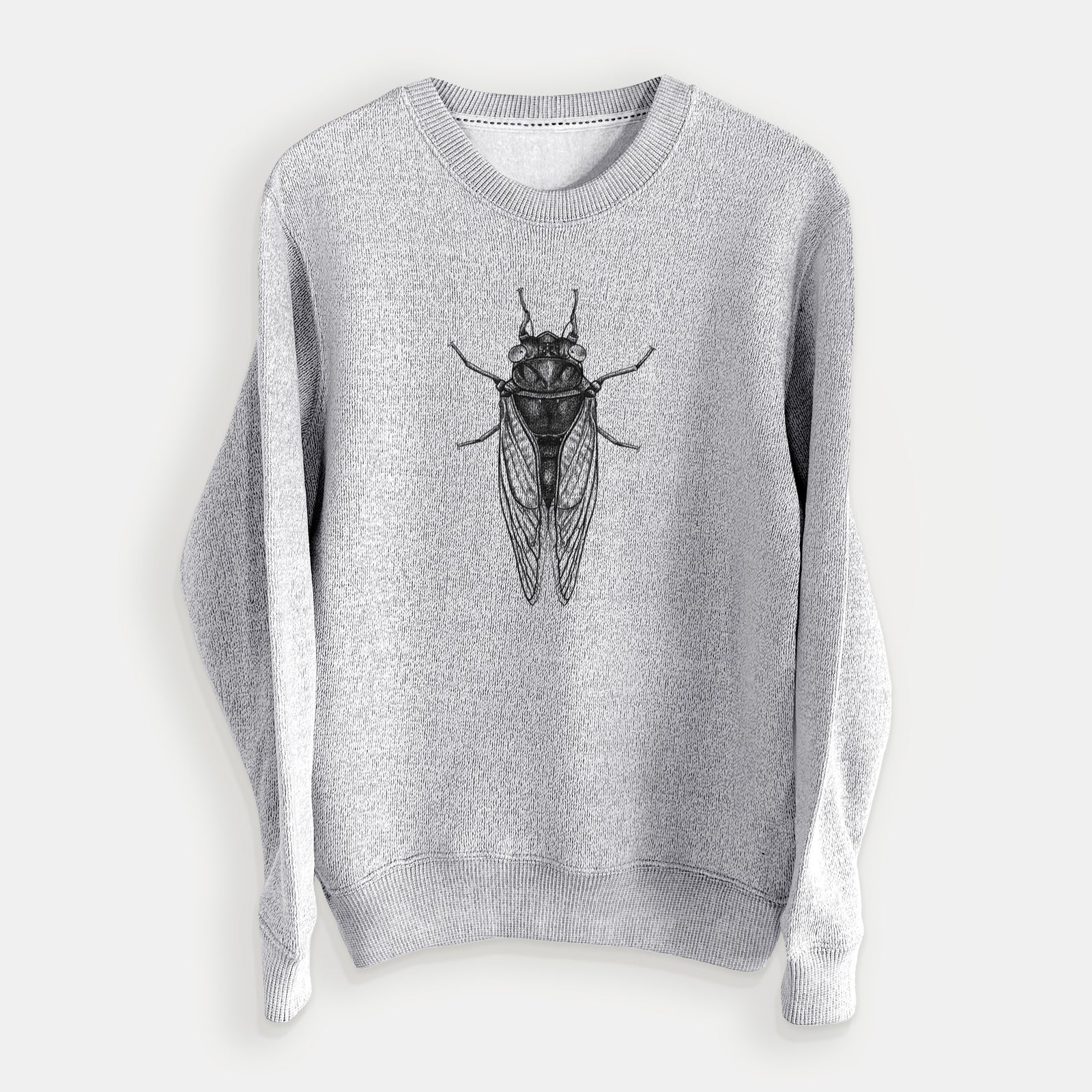 Salt and pepper knit sweatshirt laid flat, printed with a detailed black ink illustration of a periodical cicada with its wings folded, seen from above.