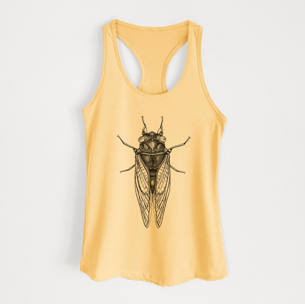 Banana cream women's racerback tank top laid flat, printed with a detailed black ink illustration of a periodical cicada with its wings folded, seen from above.