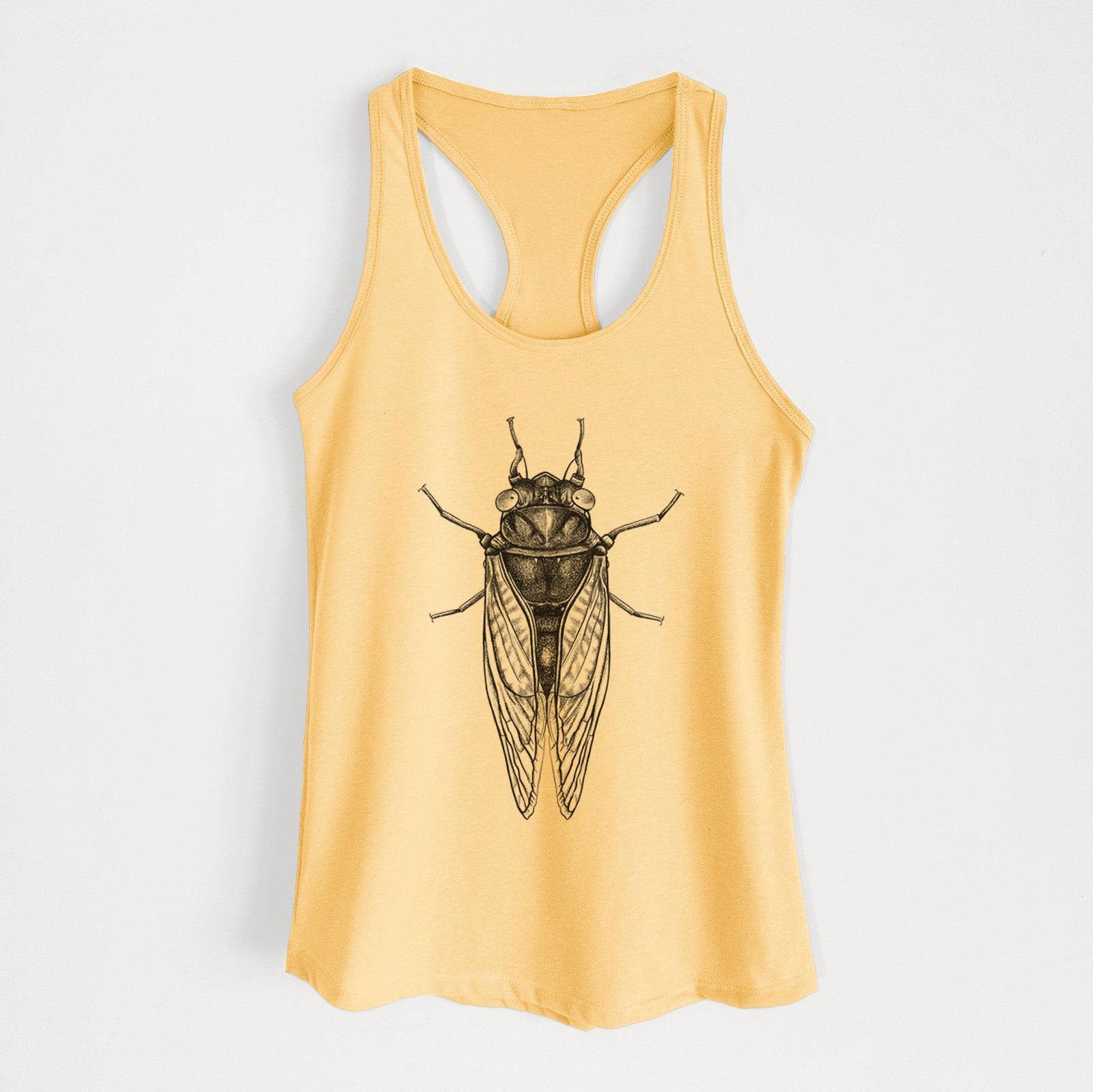 Banana cream women's racerback tank top laid flat, printed with a detailed black ink illustration of a periodical cicada with its wings folded, seen from above.
