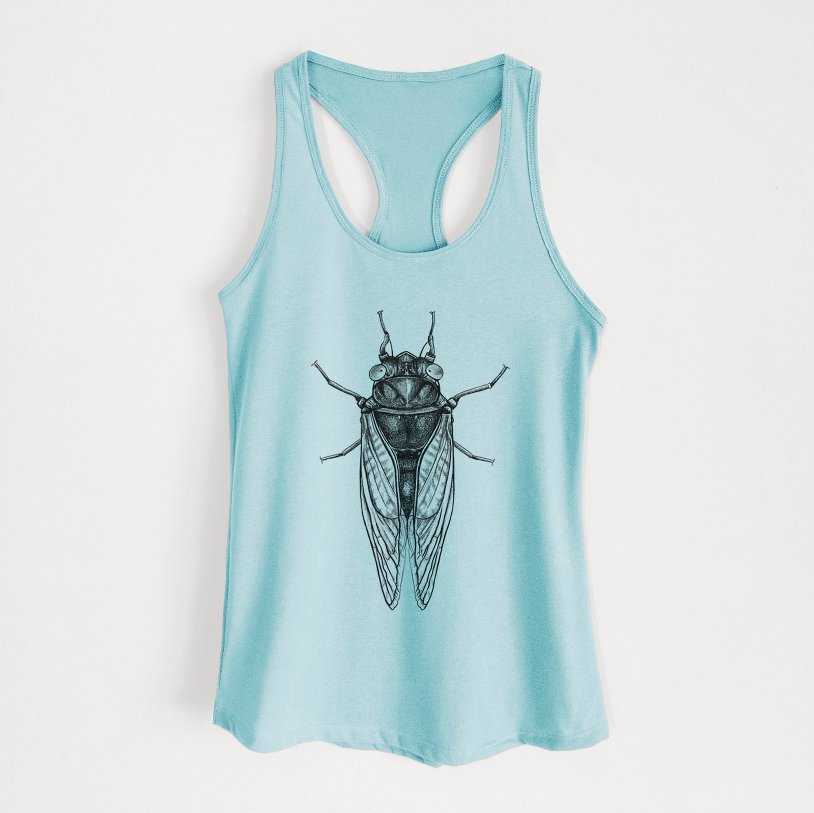 Banana cream women's racerback tank top laid flat, printed with a detailed black ink illustration of a periodical cicada with its wings folded, seen from above.