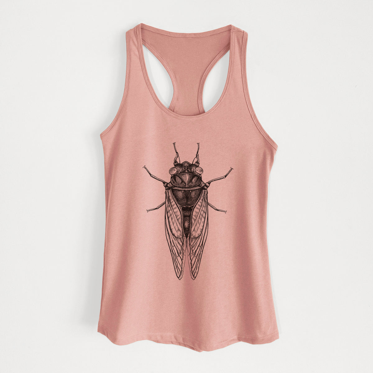Desert pink women's racerback tank top laid flat, printed with a detailed black ink illustration of a periodical cicada with its wings folded, seen from above.