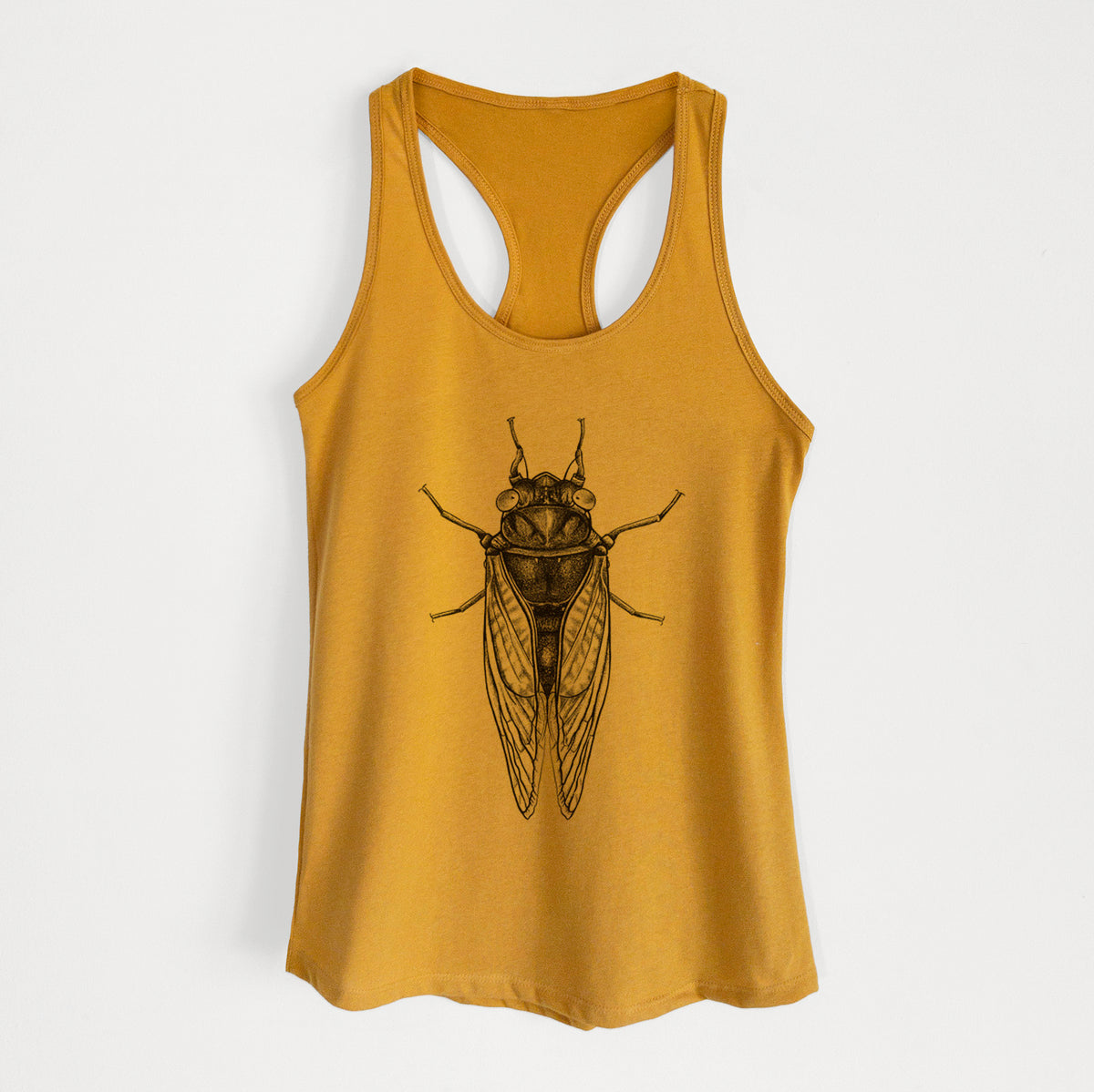 Gold women's racerback tank top laid flat, printed with a detailed black ink illustration of a periodical cicada with its wings folded, seen from above.