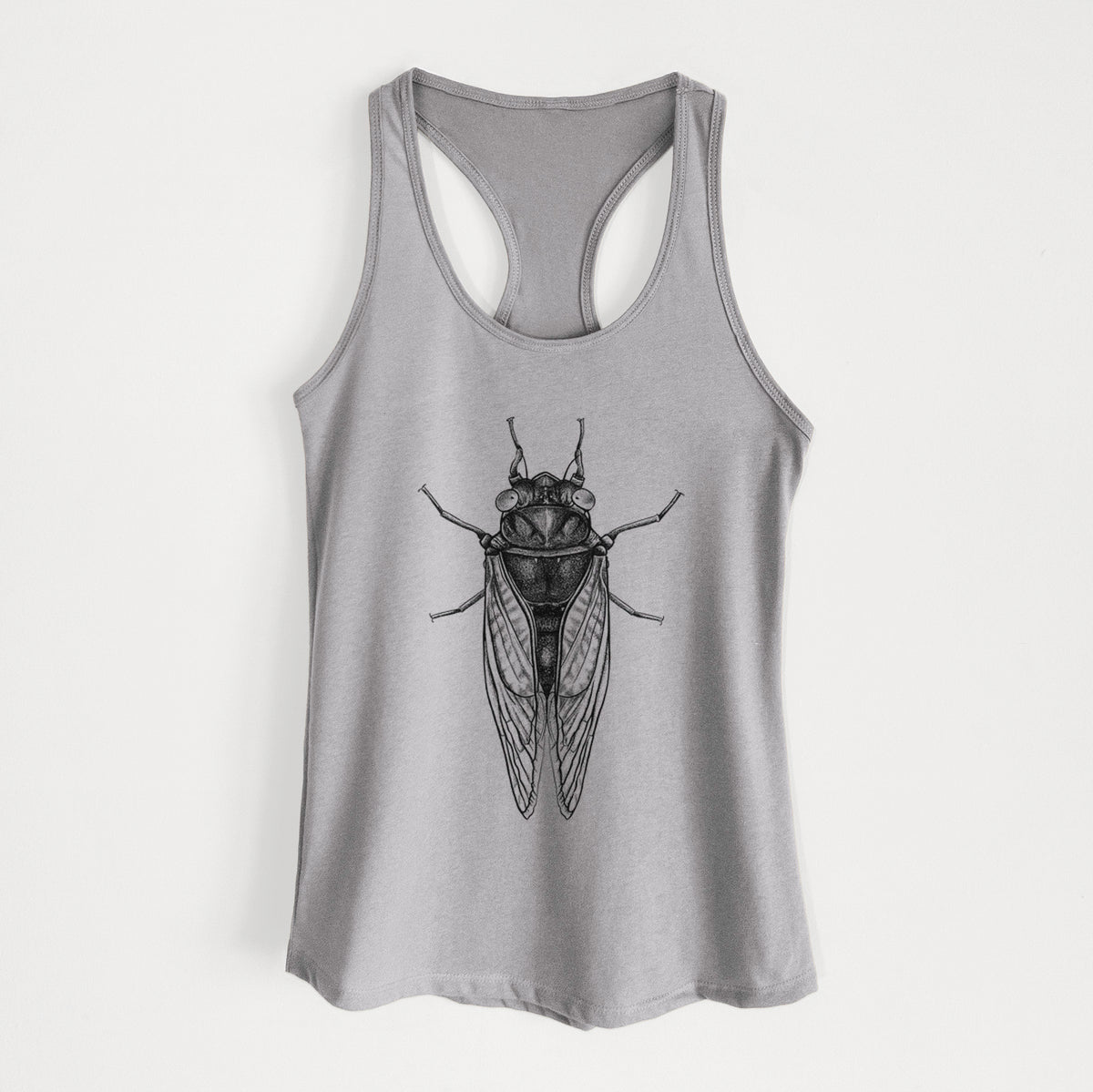 Heather grey women's racerback tank top laid flat, printed with a detailed black ink illustration of a periodical cicada with its wings folded, seen from above.