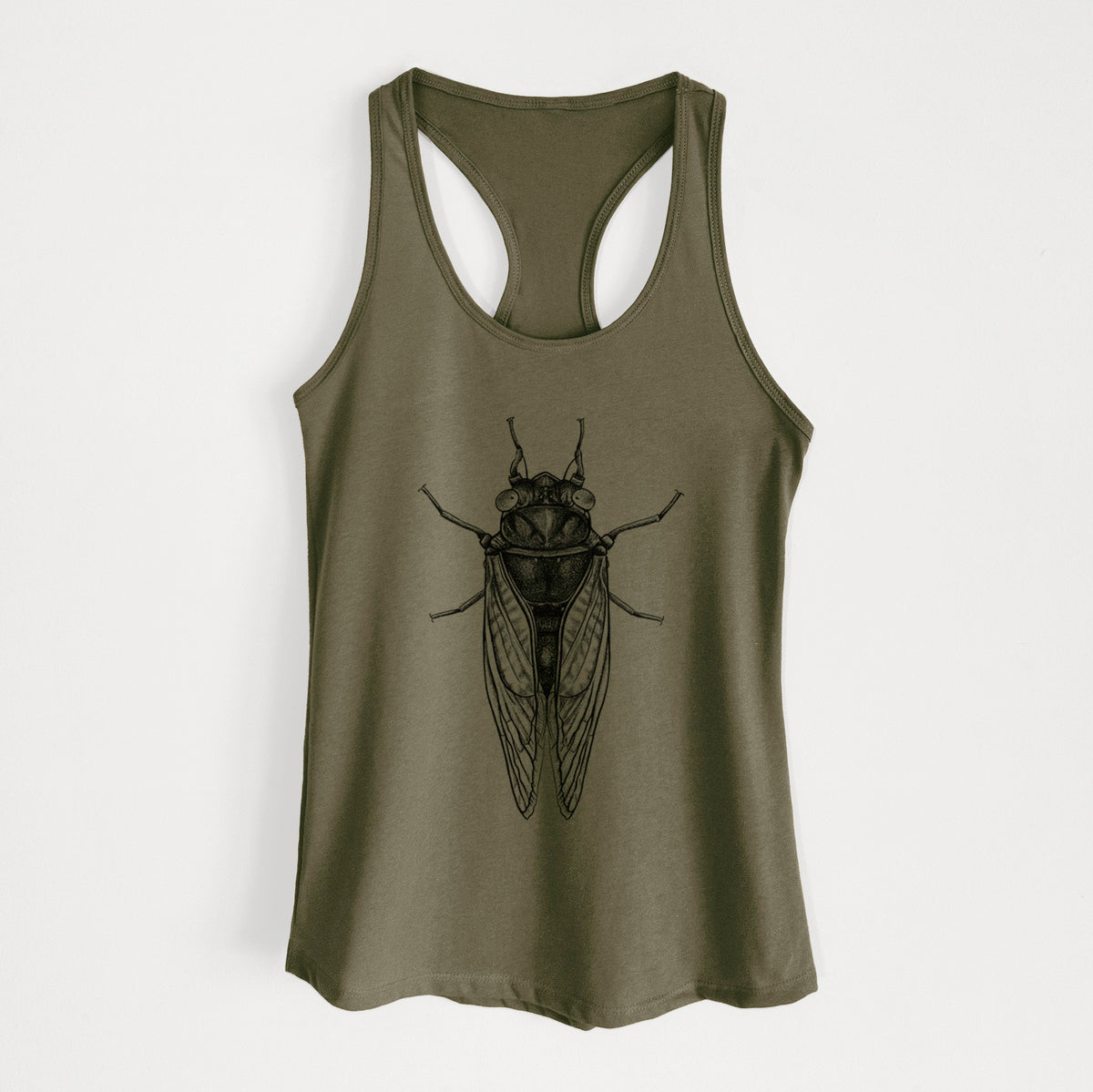 Military green women's racerback tank top laid flat, printed with a detailed black ink illustration of a periodical cicada with its wings folded, seen from above.