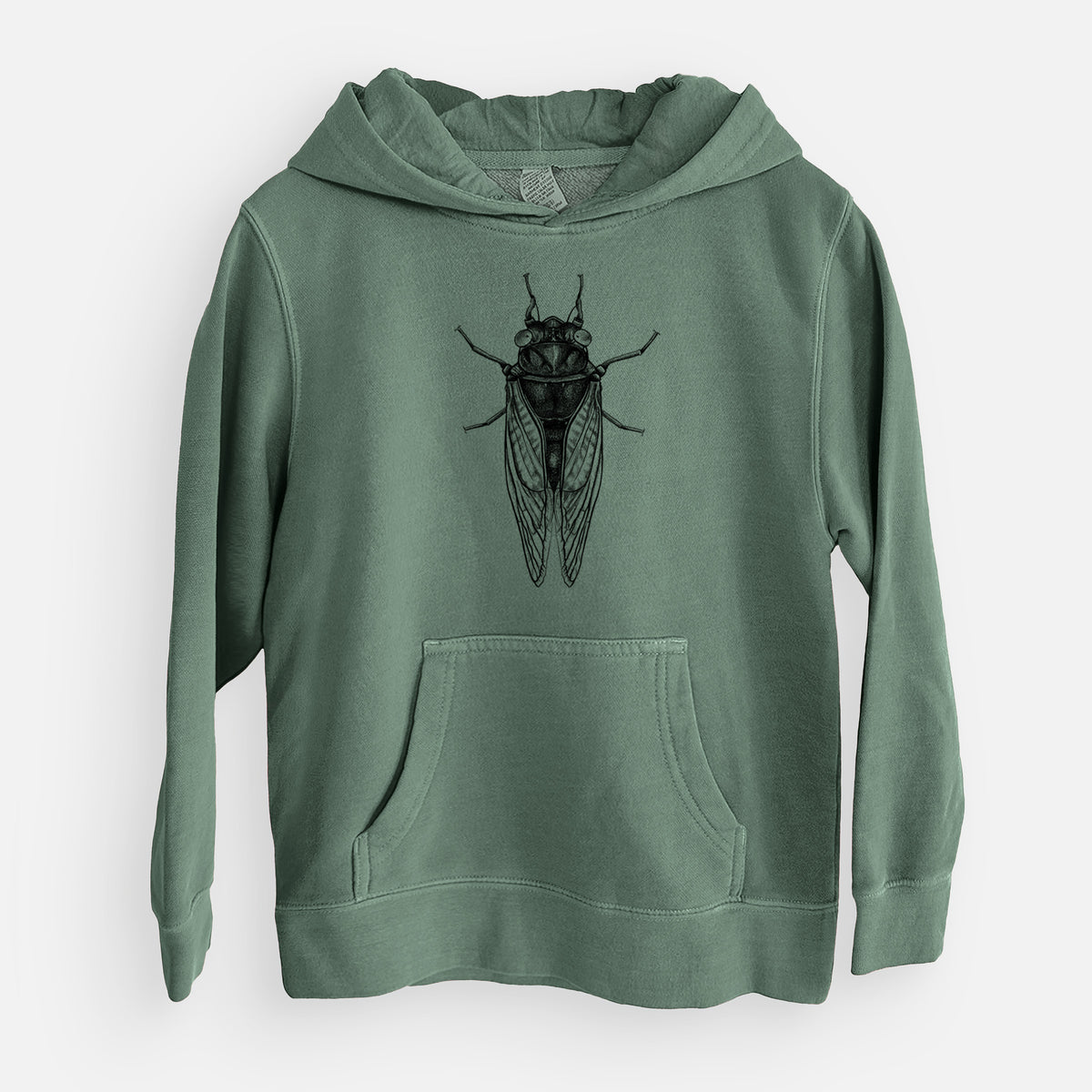 Alpine green youth pigment dyed hoodie laid flat, printed with a detailed black ink illustration of a periodical cicada with its wings folded, seen from above.