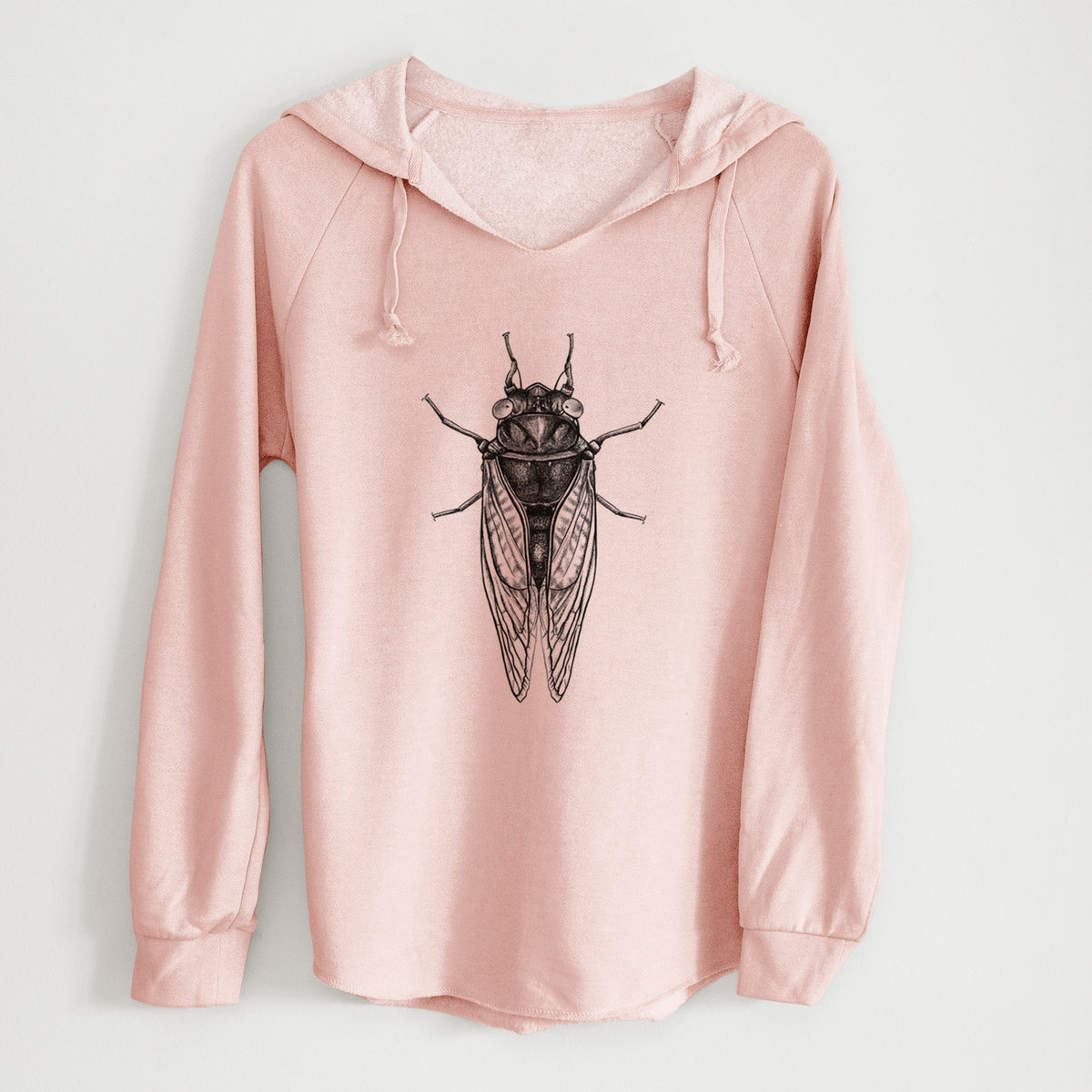 Blush pink women's Cali Wave hooded sweatshirt laid flat, printed with a detailed black ink illustration of a periodical cicada with its wings folded, seen from above.