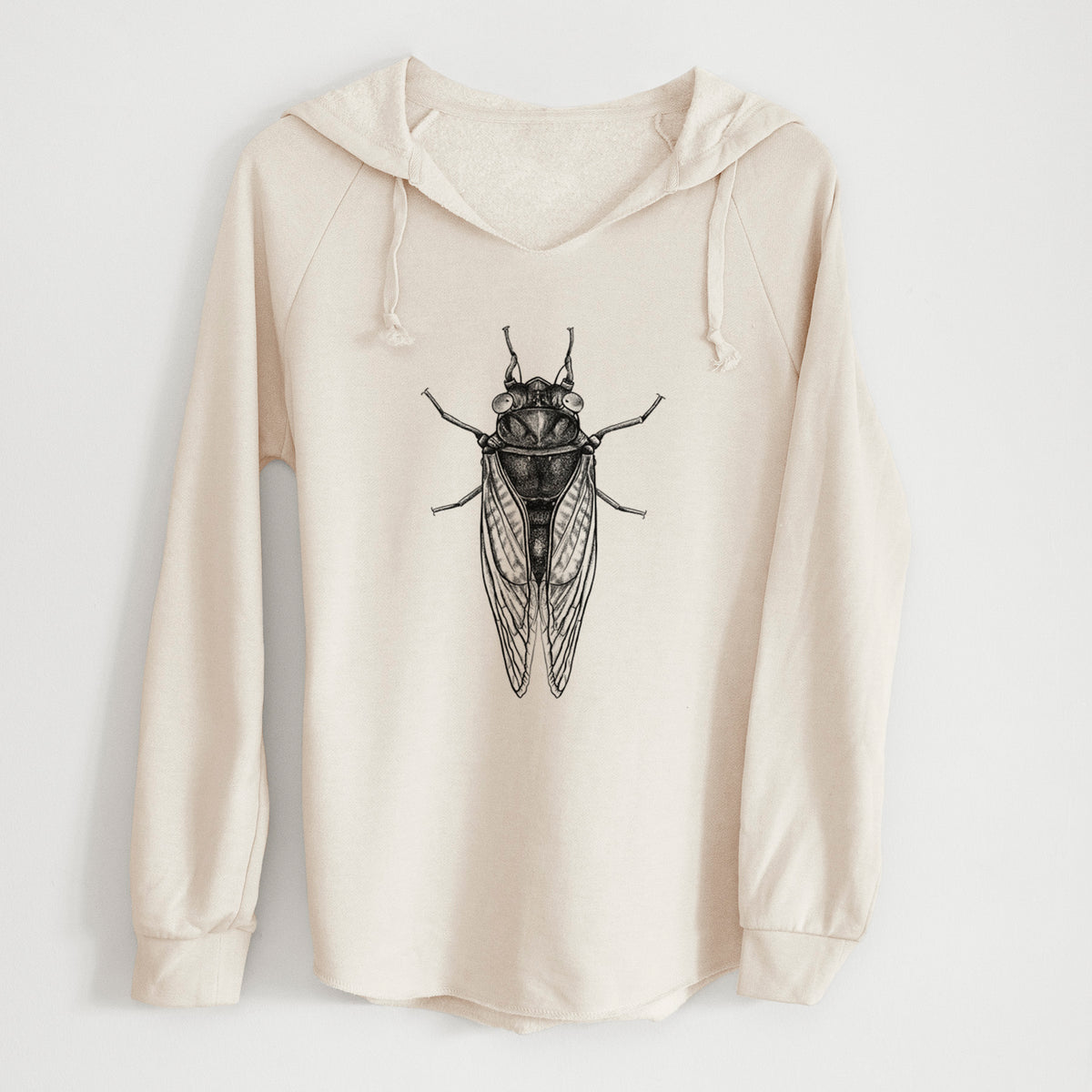 Bone cream women's Cali Wave hooded sweatshirt laid flat, printed with a detailed black ink illustration of a periodical cicada with its wings folded, seen from above.