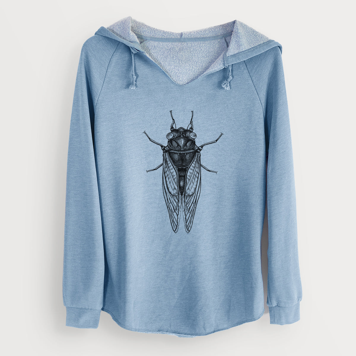 Misty blue women's Cali Wave hooded sweatshirt laid flat, printed with a detailed black ink illustration of a periodical cicada with its wings folded, seen from above.