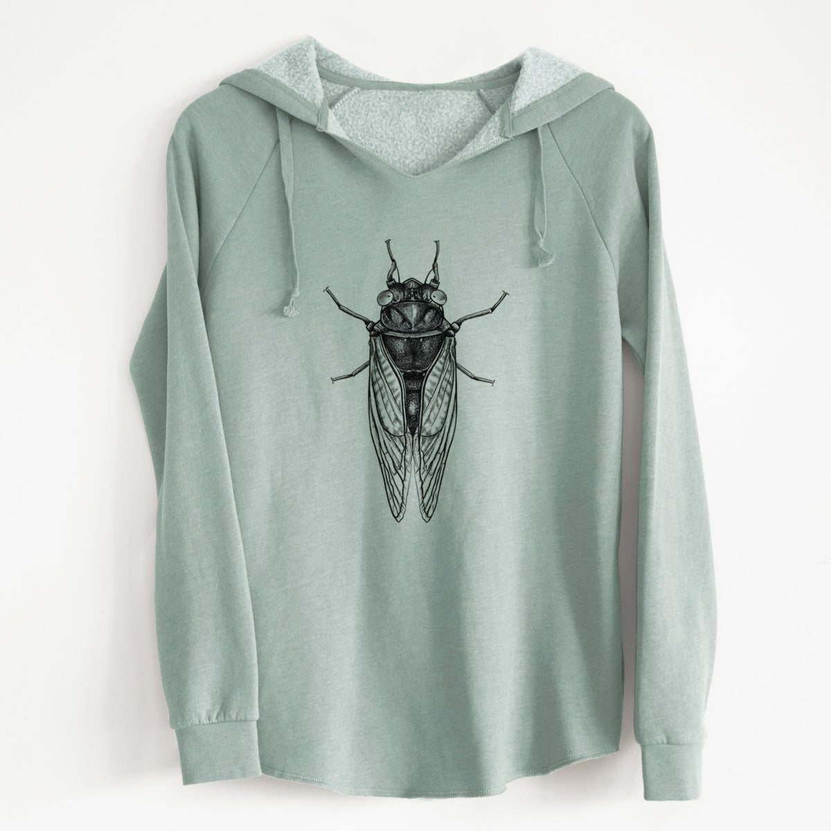 Sage green women's Cali Wave hooded sweatshirt laid flat, printed with a detailed black ink illustration of a periodical cicada with its wings folded, seen from above.