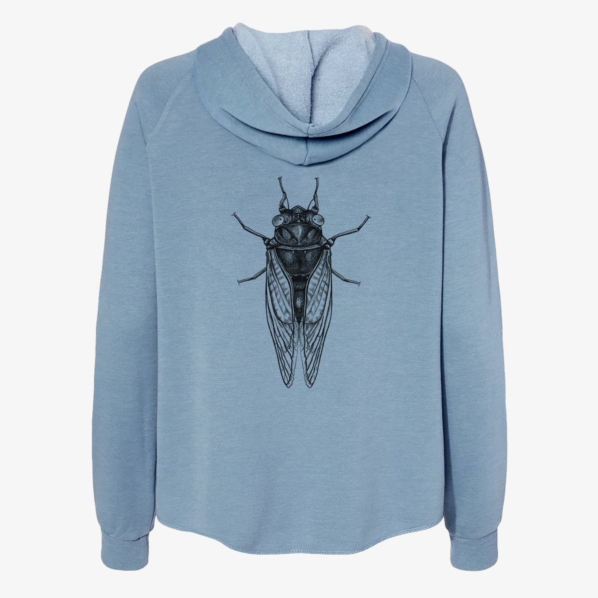 Misty blue women's Cali Wave zip-up sweatshirt laid flat, printed with a detailed black ink illustration of a periodical cicada with its wings folded, seen from above.