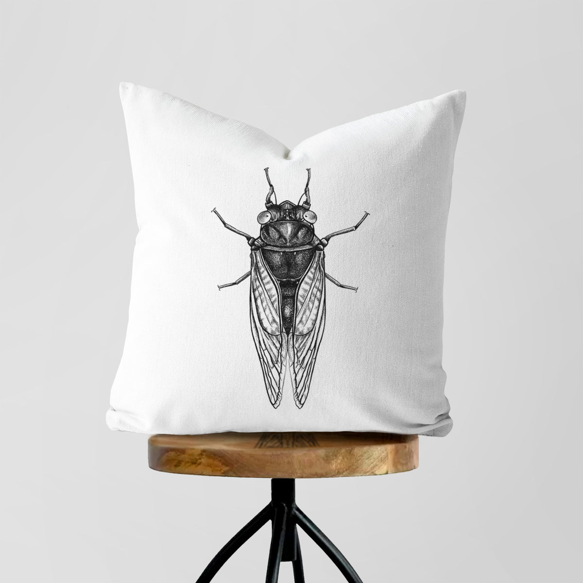 White pillow cover printed with a detailed black ink illustration of a periodical cicada with its wings folded, seen from above, on a wooden stool.