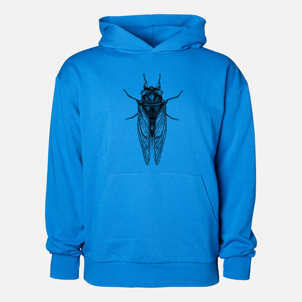 Pharoh Cicada - Magicicada septendecim - Statement Midweight Hoodie in Azure Blue, shown from the front with the design printed on the chest above a front kangaroo pocket.