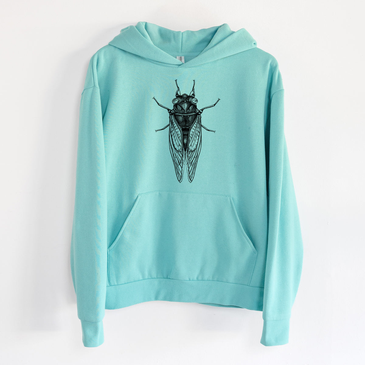 Pharoh Cicada - Magicicada septendecim - Statement Midweight Hoodie in Seafoam, hanging on a white wall, with a front kangaroo pocket and no drawcords.