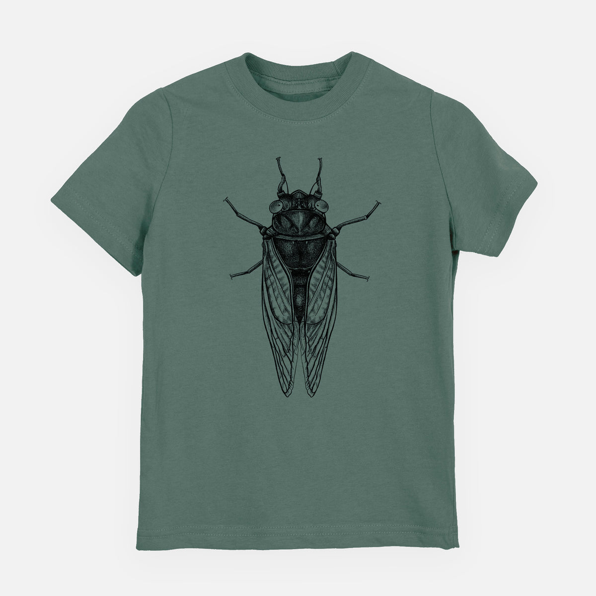 Basil green youth t-shirt laid flat, printed with a detailed black ink illustration of a periodical cicada with its wings folded, seen from above.