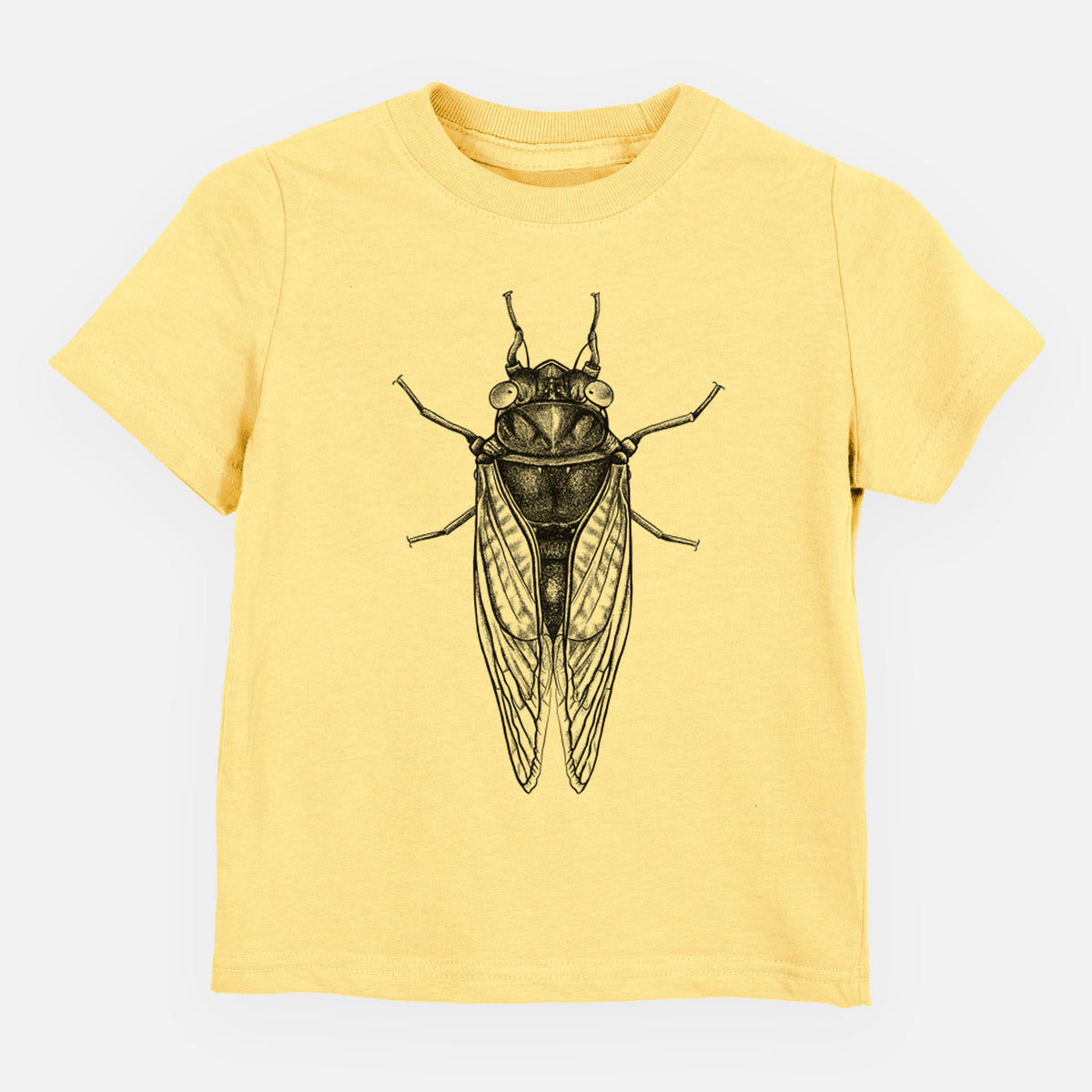 Butter yellow toddler t-shirt laid flat, printed with a detailed black ink illustration of a periodical cicada with its wings folded, seen from above.
