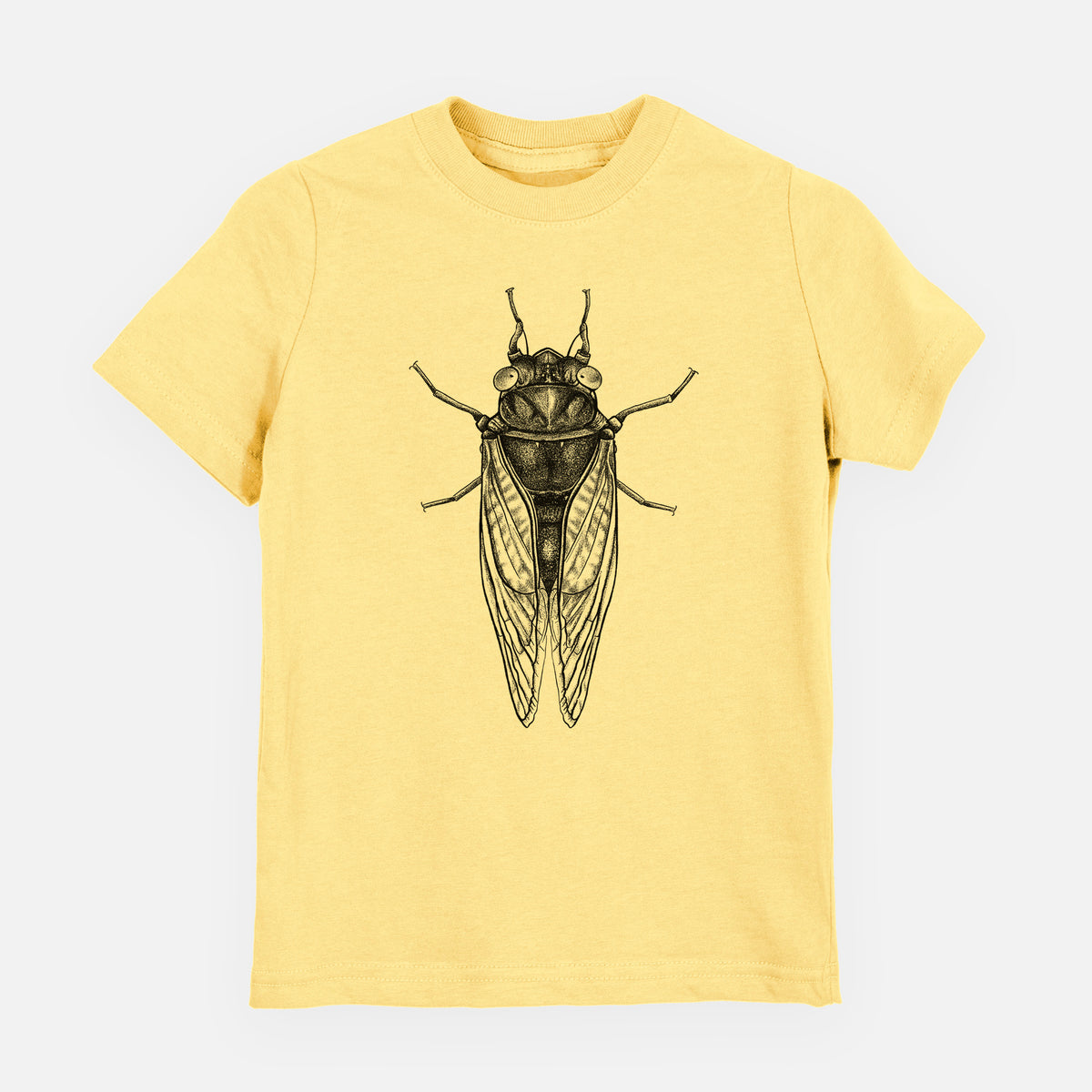 Butter yellow youth t-shirt laid flat, printed with a detailed black ink illustration of a periodical cicada with its wings folded, seen from above.