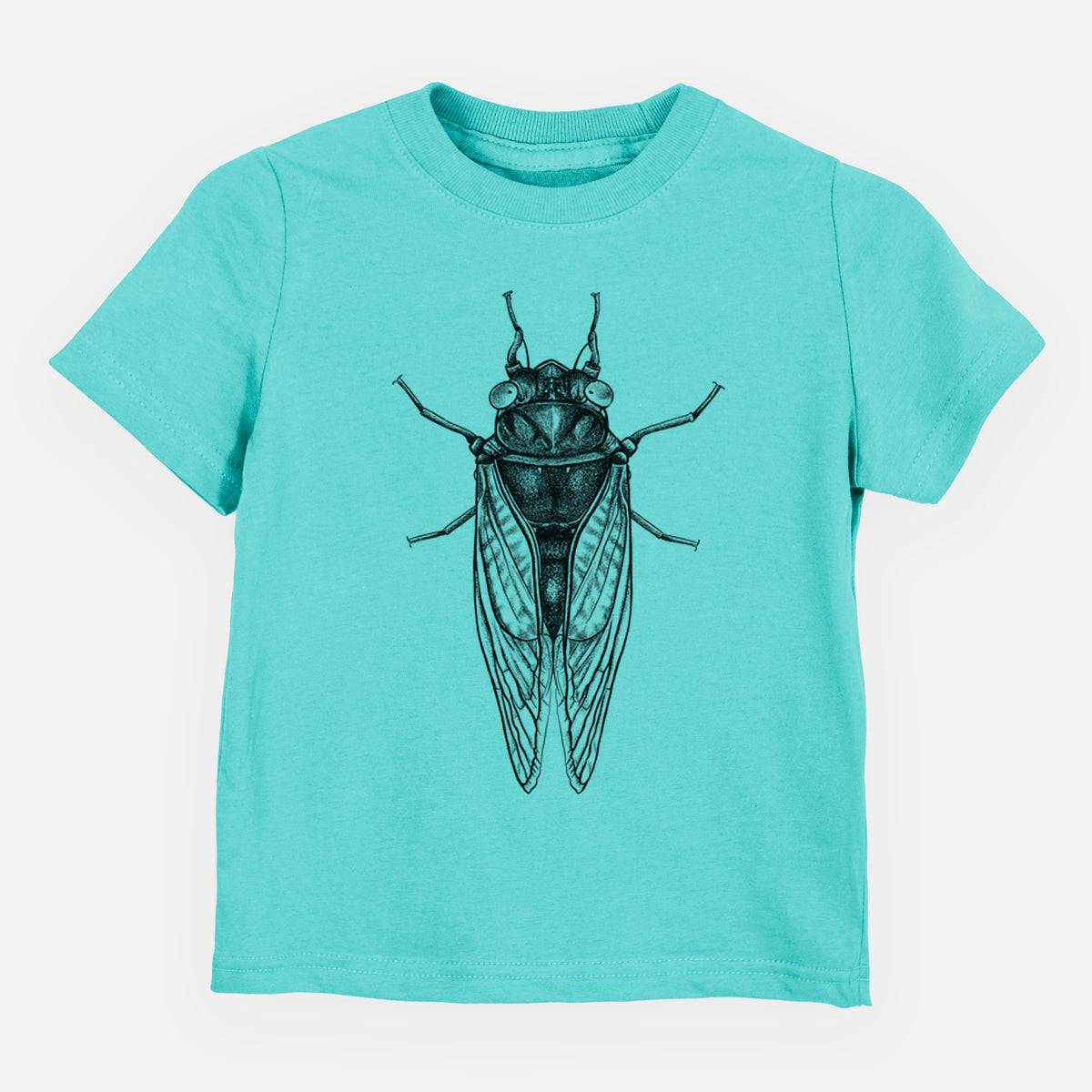Caribbean blue toddler t-shirt laid flat, printed with a detailed black ink illustration of a periodical cicada with its wings folded, seen from above.