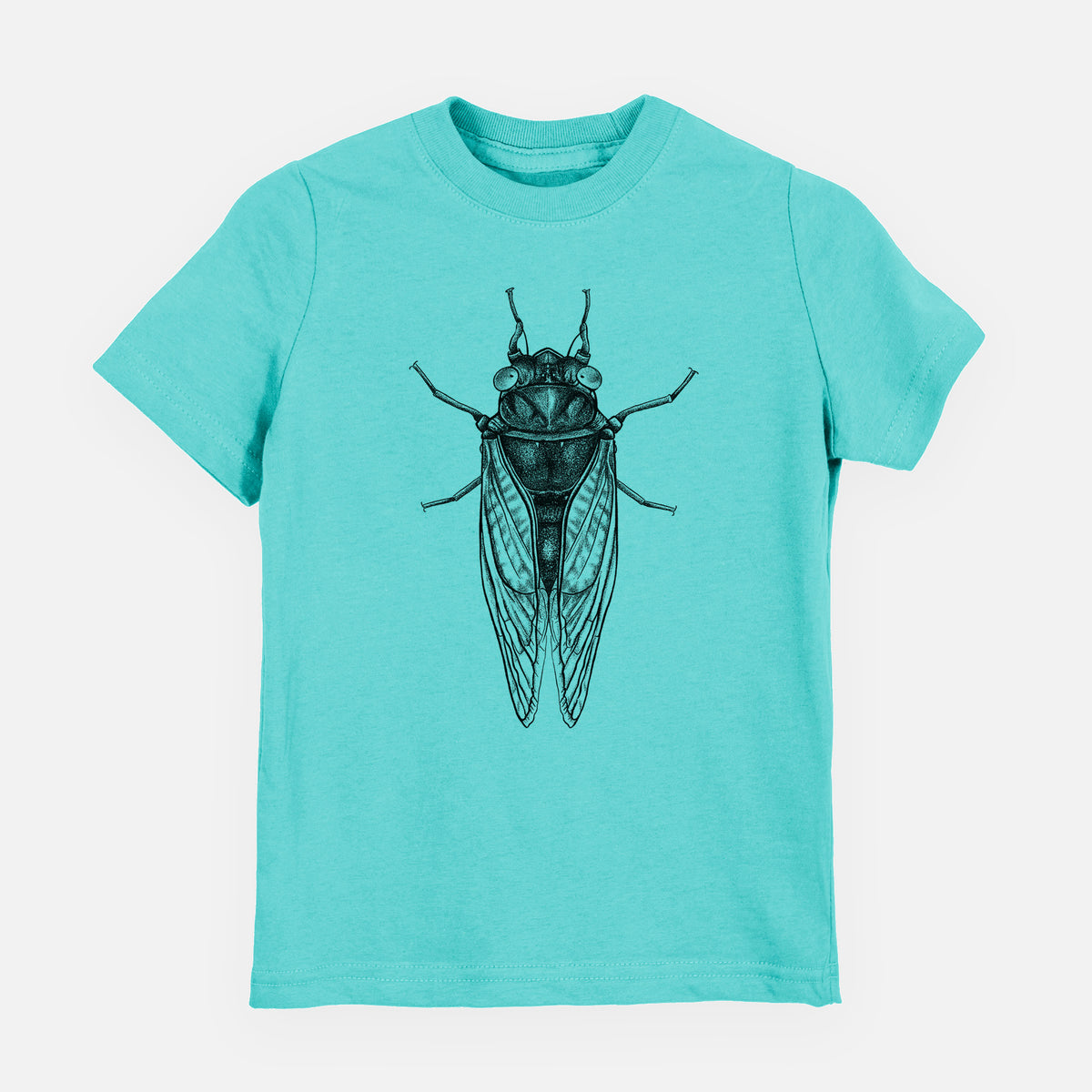 Caribbean blue youth t-shirt laid flat, printed with a detailed black ink illustration of a periodical cicada with its wings folded, seen from above.