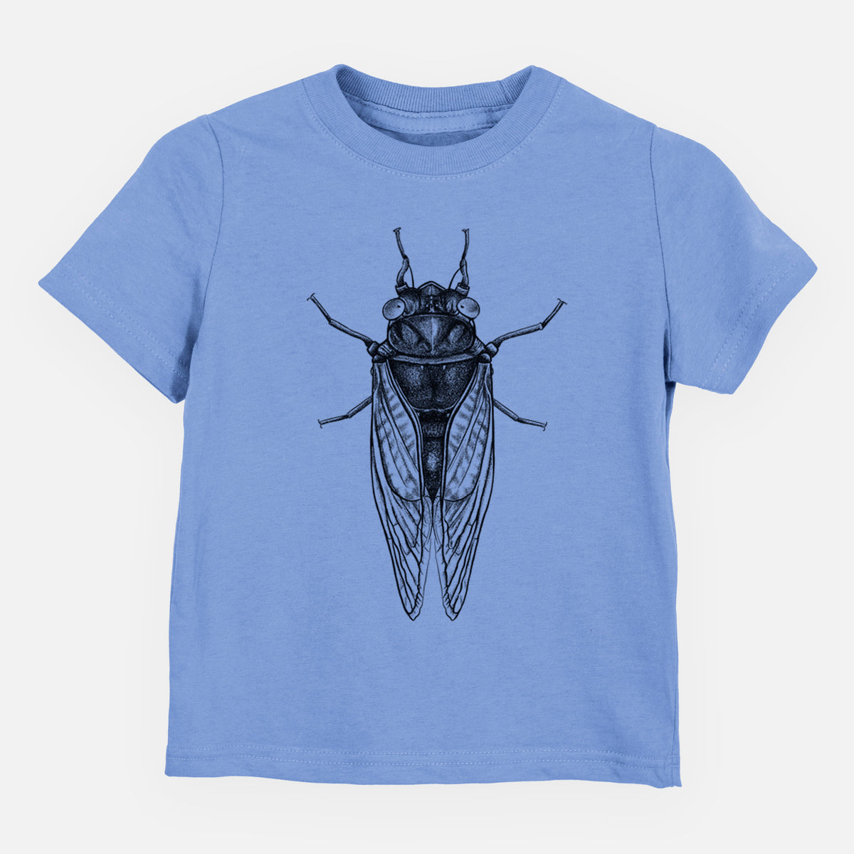 Carolina blue toddler t-shirt laid flat, printed with a detailed black ink illustration of a periodical cicada with its wings folded, seen from above.