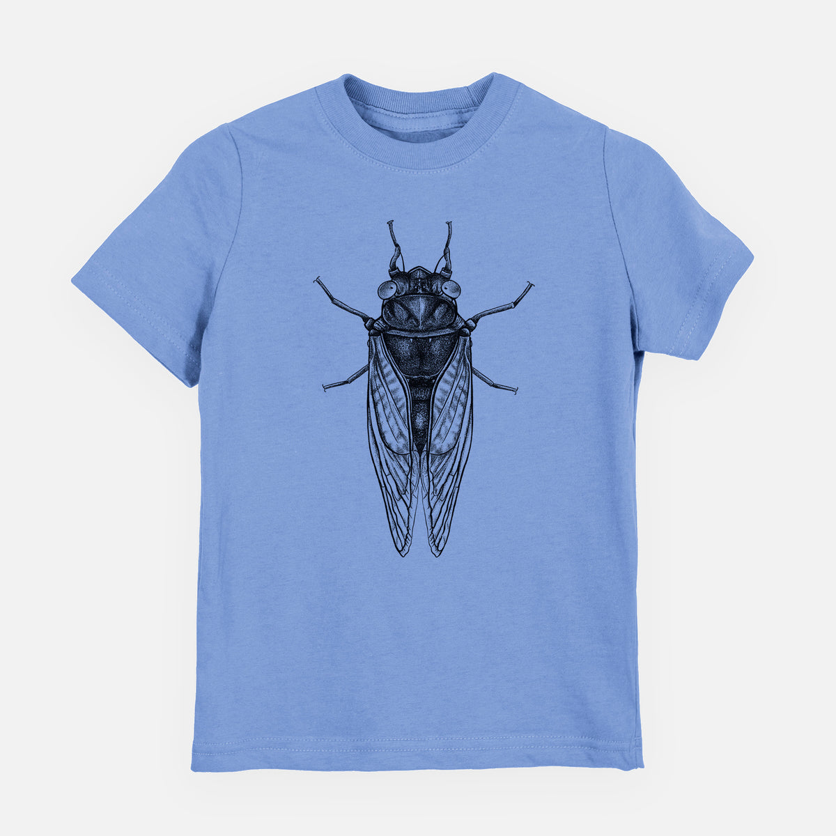 Carolina blue youth t-shirt laid flat, printed with a detailed black ink illustration of a periodical cicada with its wings folded, seen from above.